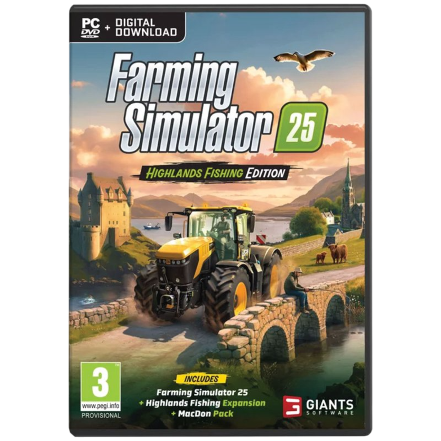 Couverture du jeu Farming Simulator 25. Montre un tracteur, un pont, un homme pêchant, un château, une église, des vaches et un goéland.