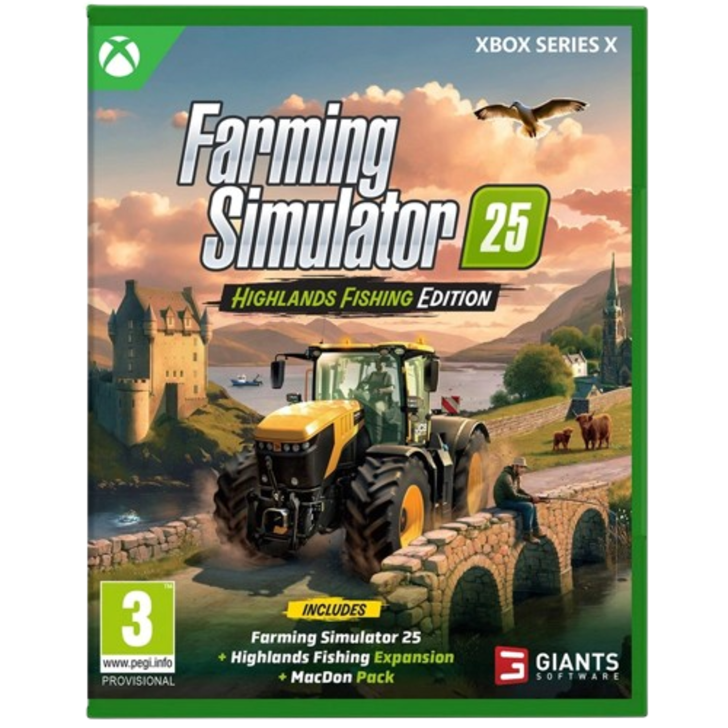 Couverture de Farming Simulator 25. Un tracteur devant un pont avec une personne pêchant. Un oiseau vole dans le ciel.
