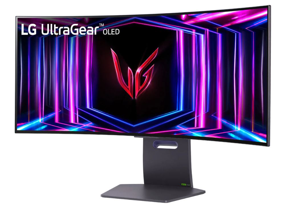Kavisli LG UltraGear OLED monitör. Ekran neon benzeri bir desen gösteriyor. Stand koyu gridir.
