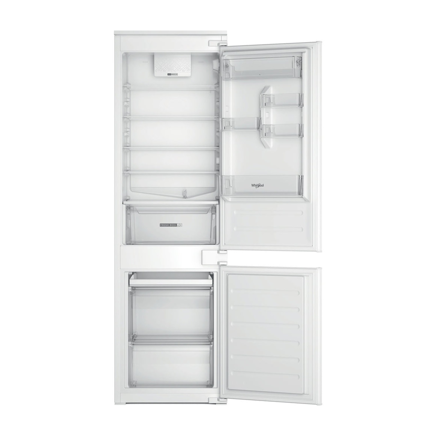 Un frigorifero bianco con porte aperte. L'interno mostra ripiani, cassetti e il logo Whirlpool. Anche la porta del congelatore è aperta.