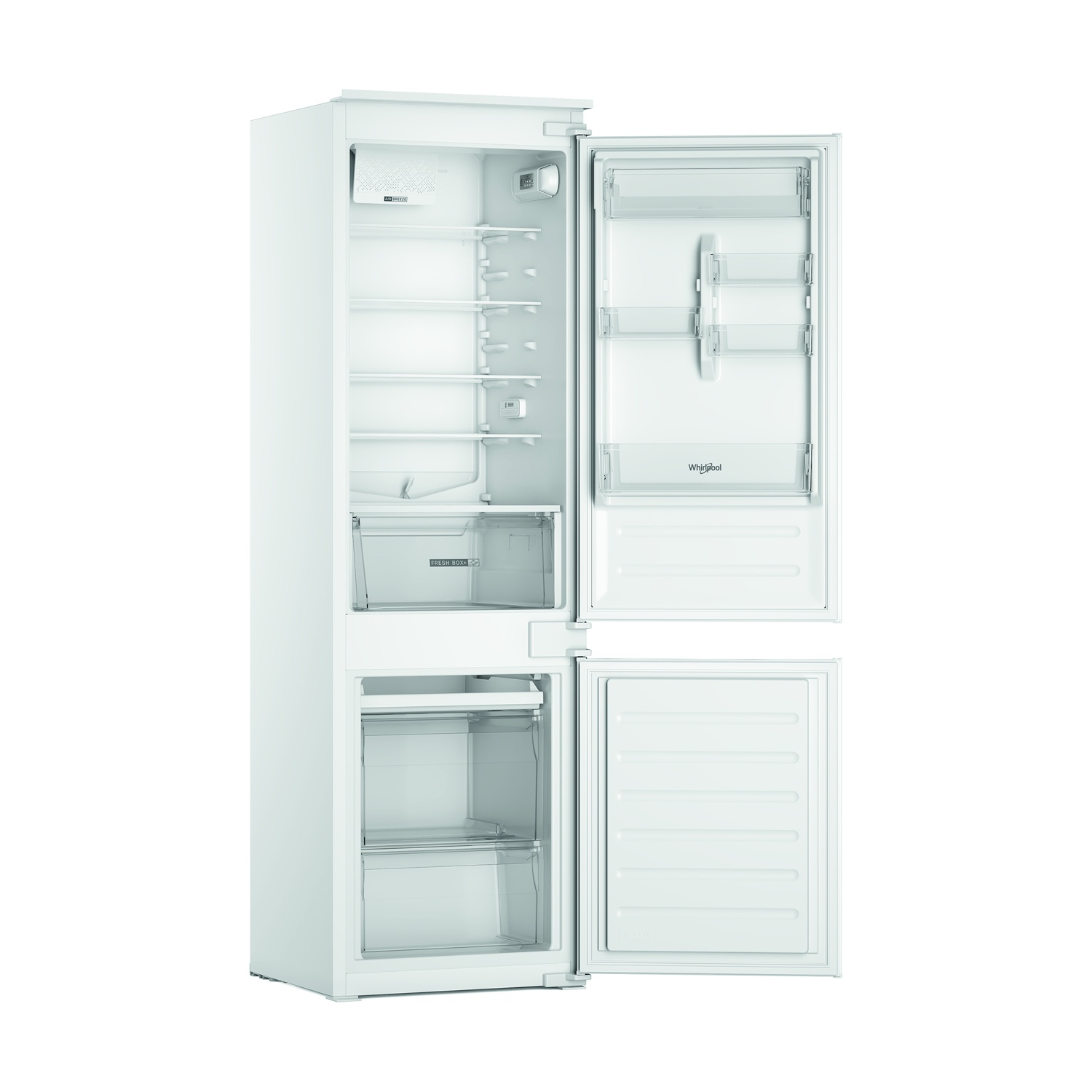 Un frigorifero bianco con ante aperte, che mostra ripiani e cassetti. Anche la porta del congelatore è aperta. Il marchio Whirlpool è visibile.