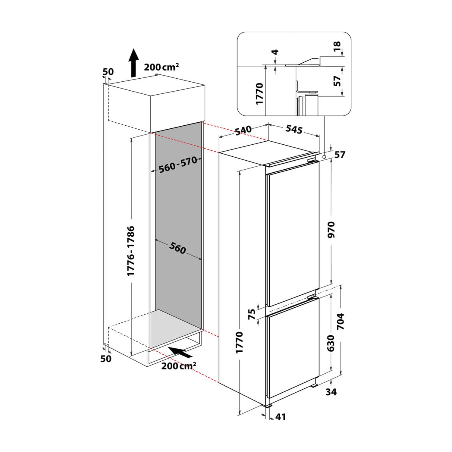 Diagramma di un frigorifero con dimensioni. Mostra altezza, larghezza e profondità con etichette. Il frigorifero ha due scomparti.
