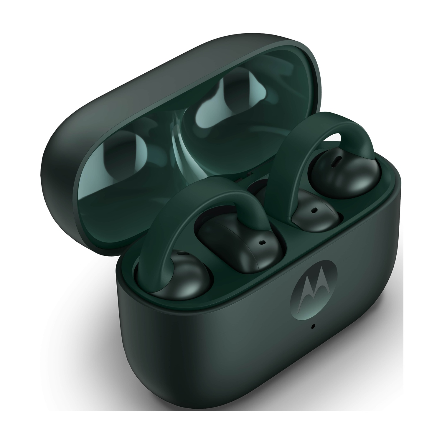 Auricolari Motorola verde scuro in una custodia aperta. La custodia è aperta, rivelando due auricolari. Logo Motorola visibile.