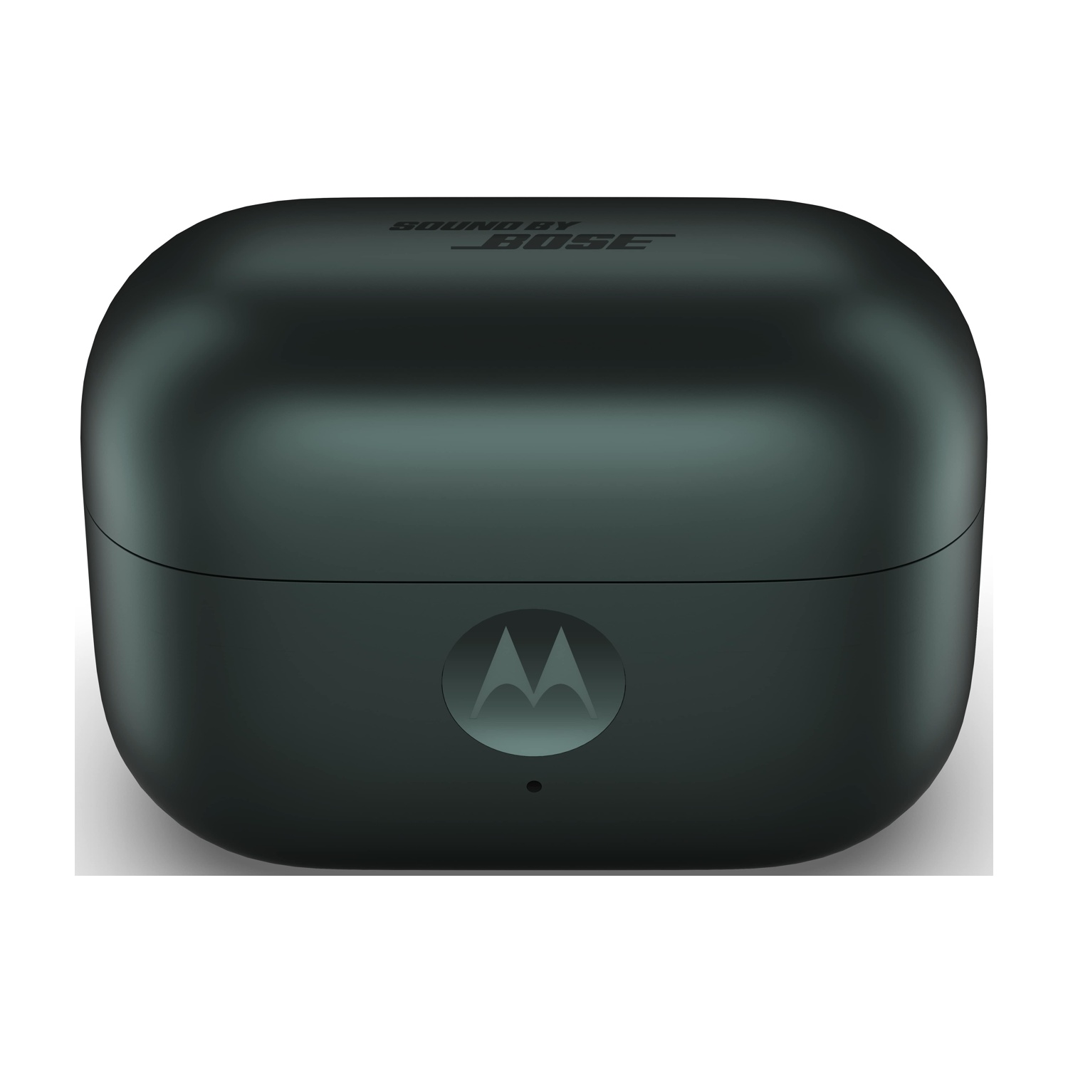 Custodia per auricolari wireless Motorola verde scuro. Il logo Bose è in alto. Il logo Motorola è in basso.