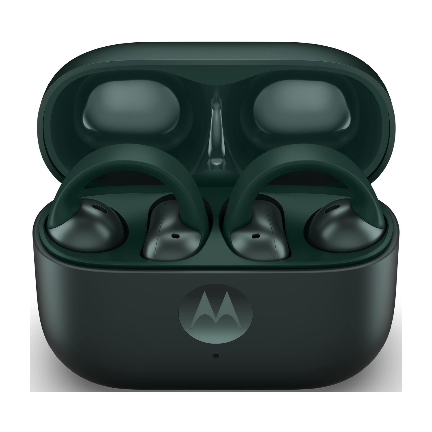 Auricolari Motorola verde scuro nella loro custodia di ricarica. La custodia è aperta, mostrando gli auricolari all'interno. Lo sfondo è bianco.