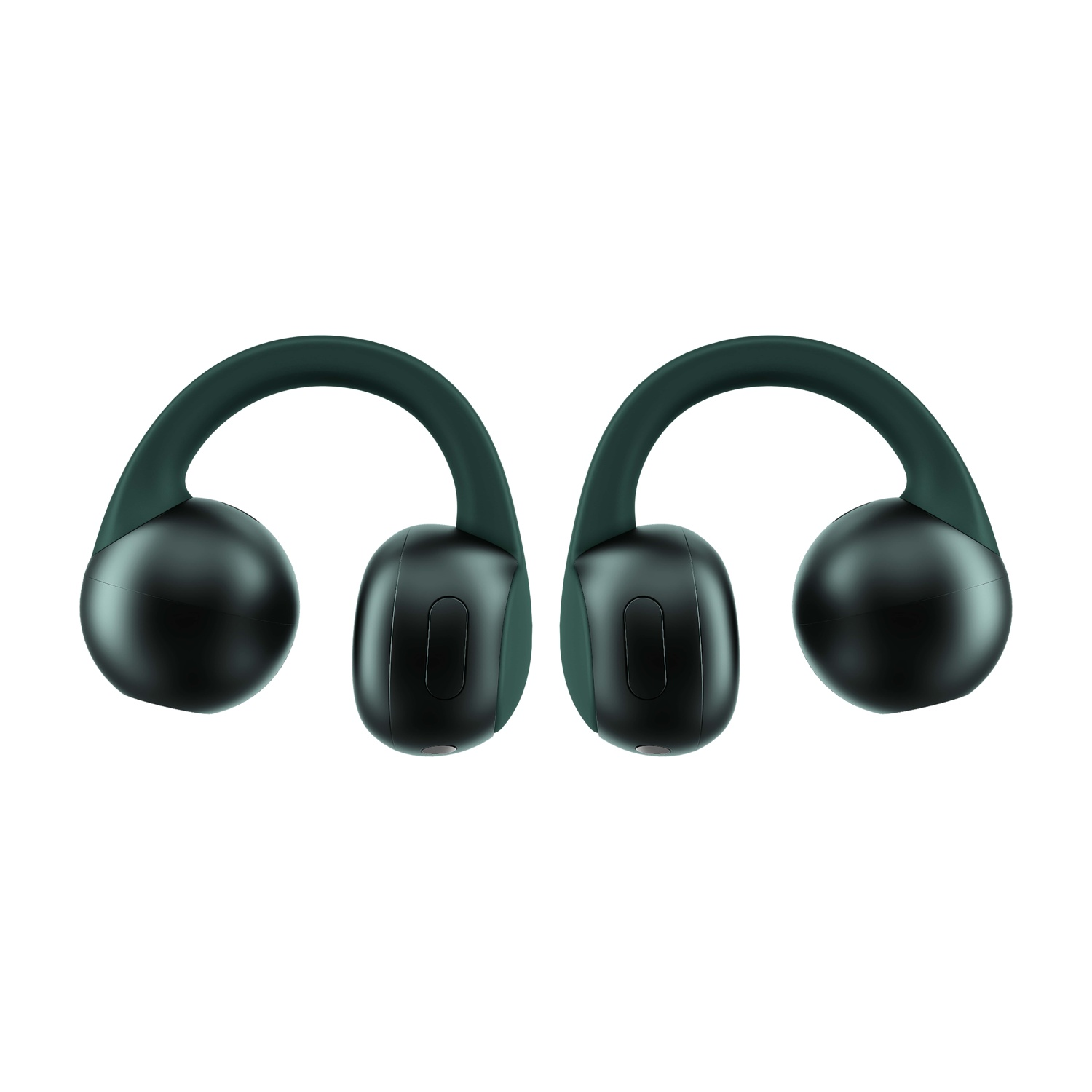 Due cuffie wireless verde scuro su sfondo bianco. Ognuna ha una fascia superiore curva e un auricolare arrotondato.
