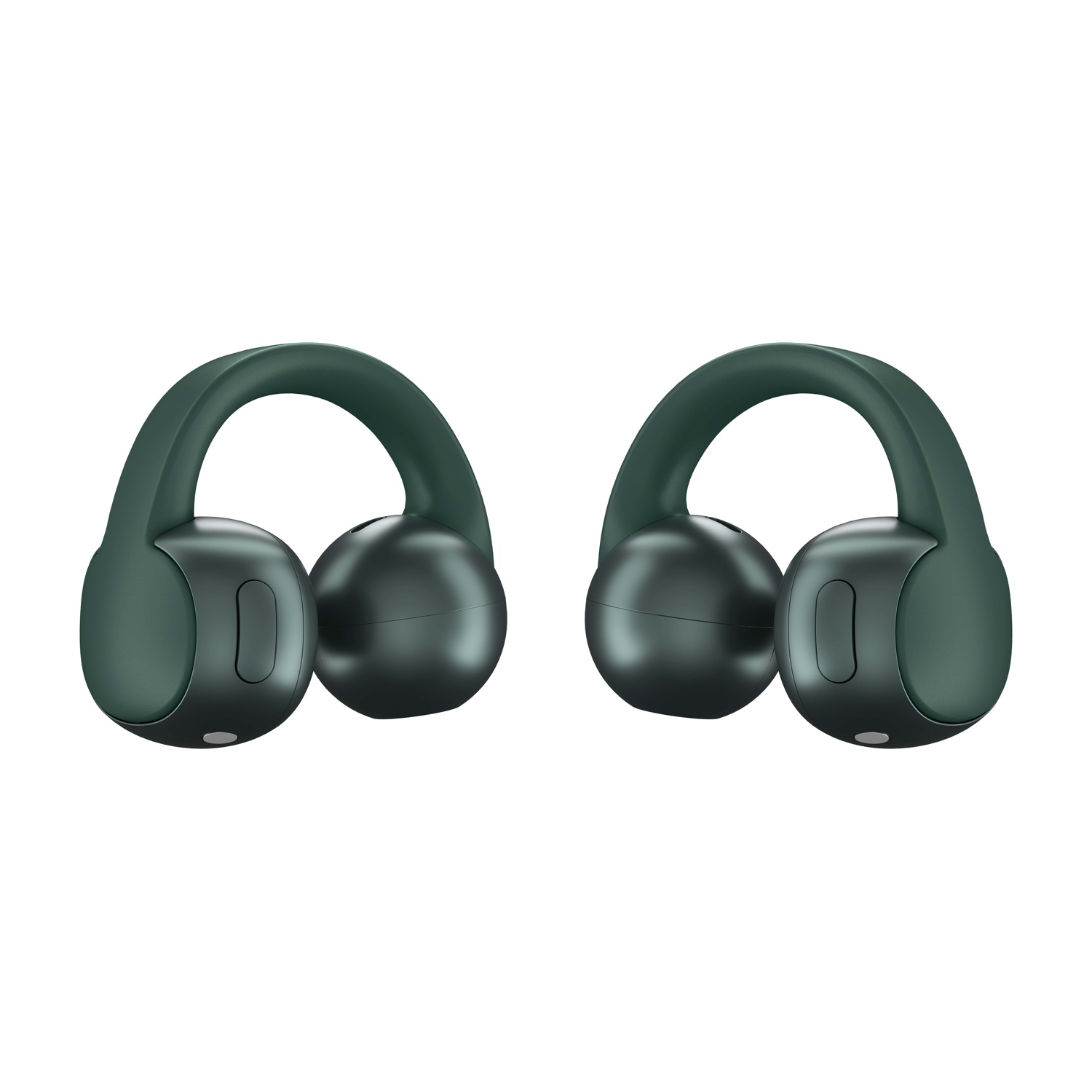 Due auricolari wireless verdi e neri sono esposti su sfondo bianco. Gli auricolari sono affiancati, con un design curvo.