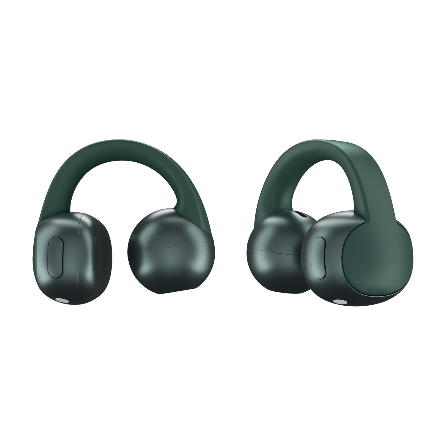 Due cuffie wireless verde scuro su sfondo bianco. Ognuna ha un archetto e due padiglioni auricolari.