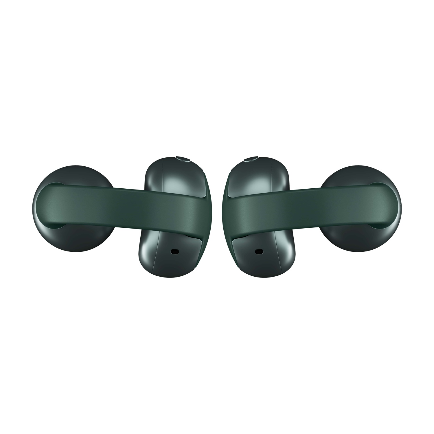Due auricolari wireless verdi su sfondo bianco. Ognuno ha una fascia verde scuro e una forma arrotondata.