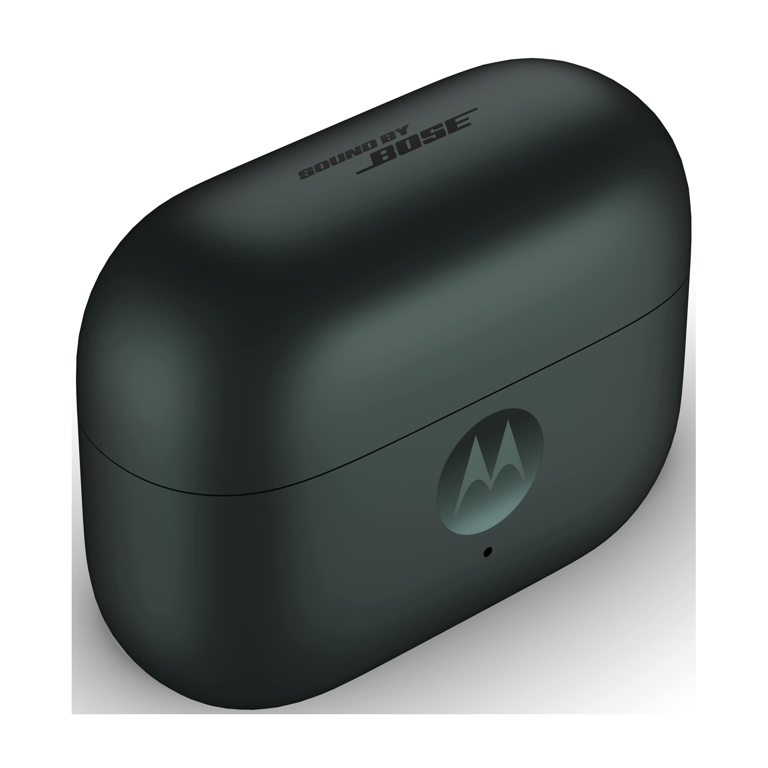 Una custodia per auricolari grigio scuro e arrotondata con il logo Bose. Il logo Motorola è sul davanti. La custodia è su sfondo bianco.