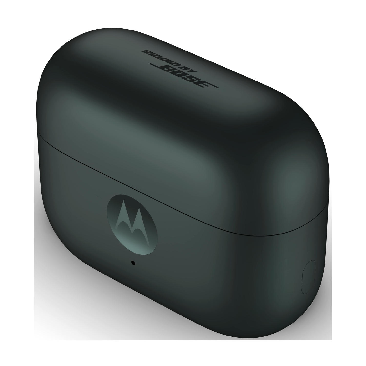 Custodia per auricolari nera con testo 'SOUND BY BOSE'. Presenta il logo Motorola. Forma arrotondata con una piccola porta di ricarica.