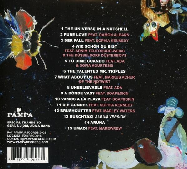 Albumhoes met kleurrijke illustraties en een lijst met nummers. Voorzien van een gestileerd gezicht en tekst met tracks en artiestennamen.