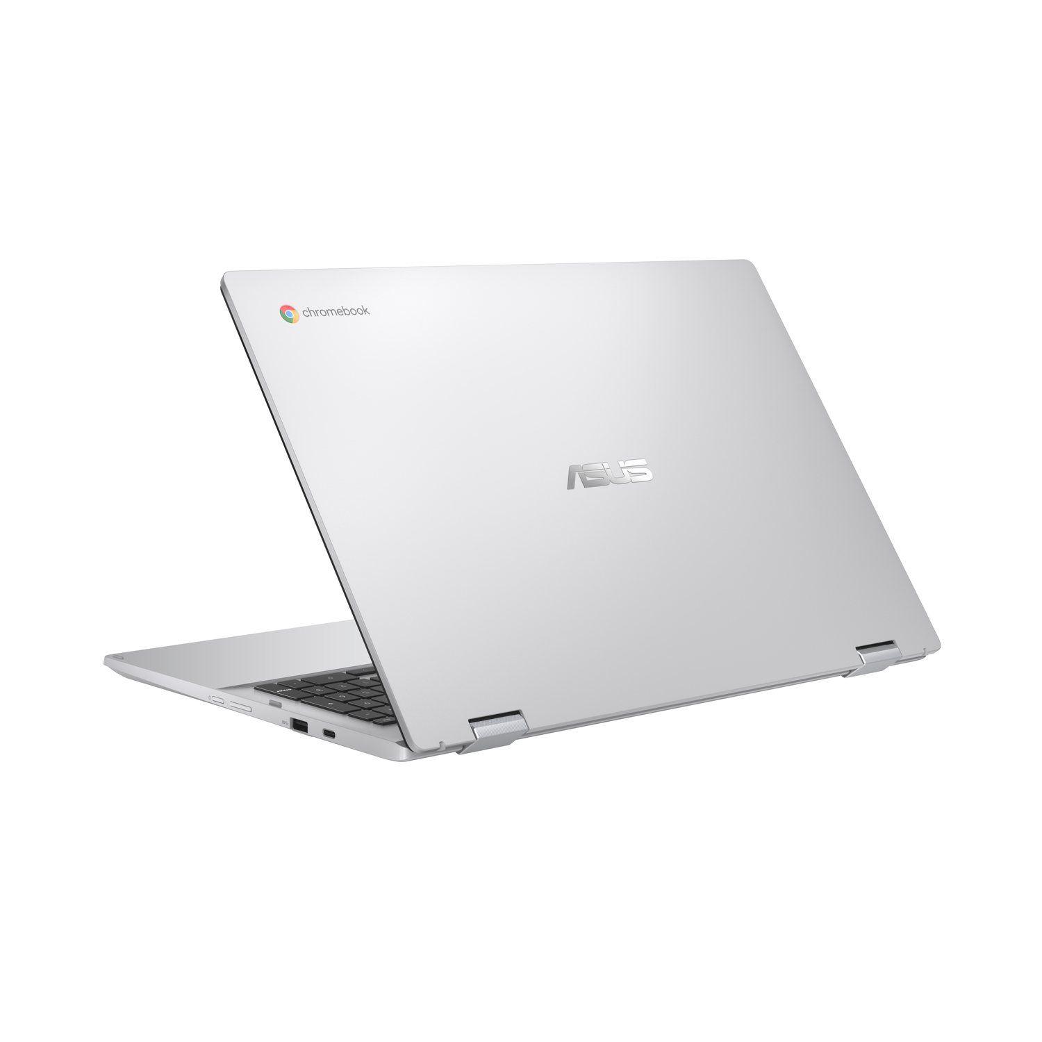 A silver laptop with the lid open. The ASUS logo is visible. The Chromebook logo is at the top. White background.