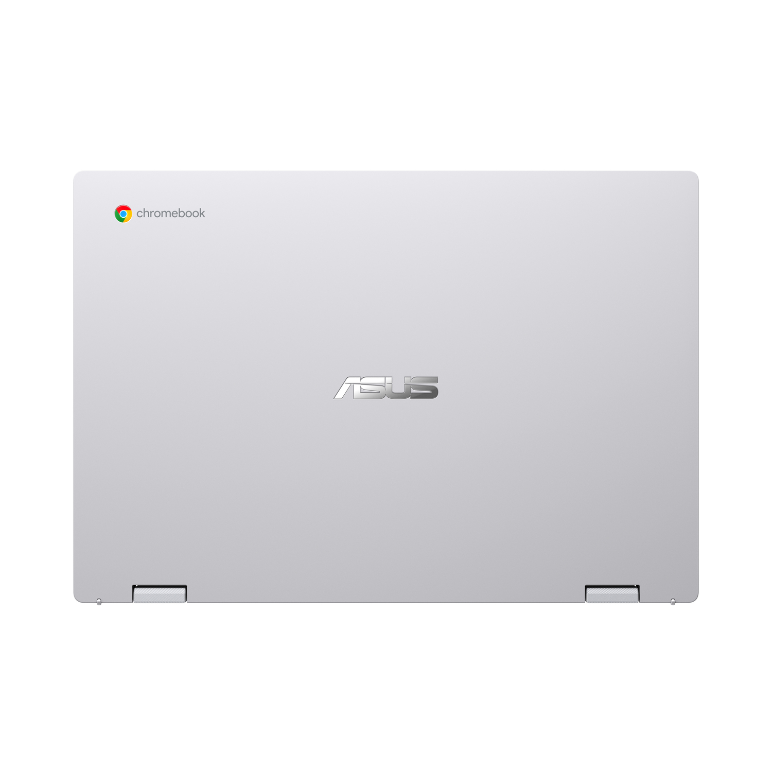A silver Asus Chromebook laptop is displayed from above. The Asus logo is centered on the closed lid. The Chromebook logo is in the top left.