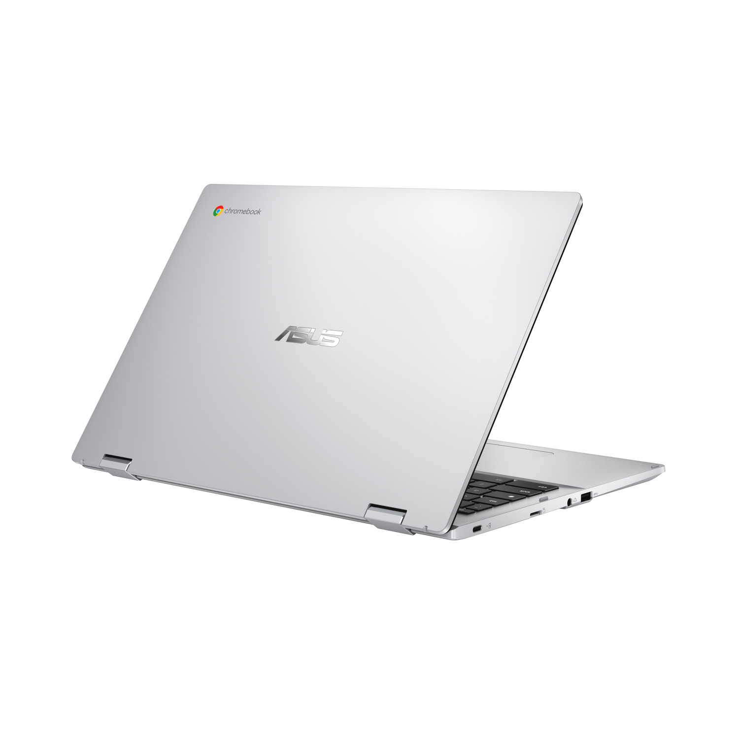Silver ASUS Chromebook laptop on a white background. It is partially open, showing the keyboard and screen. The logo is visible.