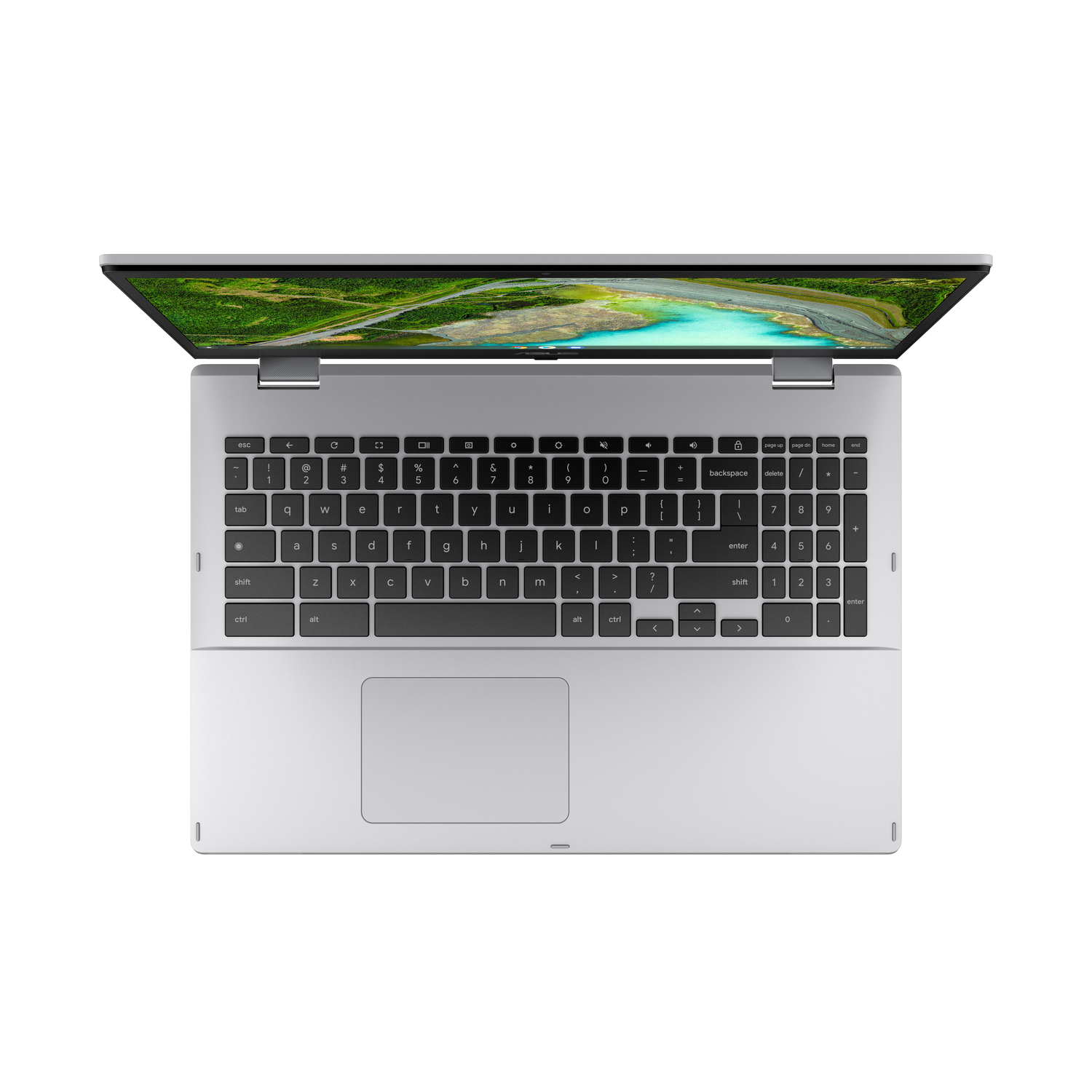 A silver laptop is open, displaying a landscape on the screen. The keyboard is in focus. The background is plain white.