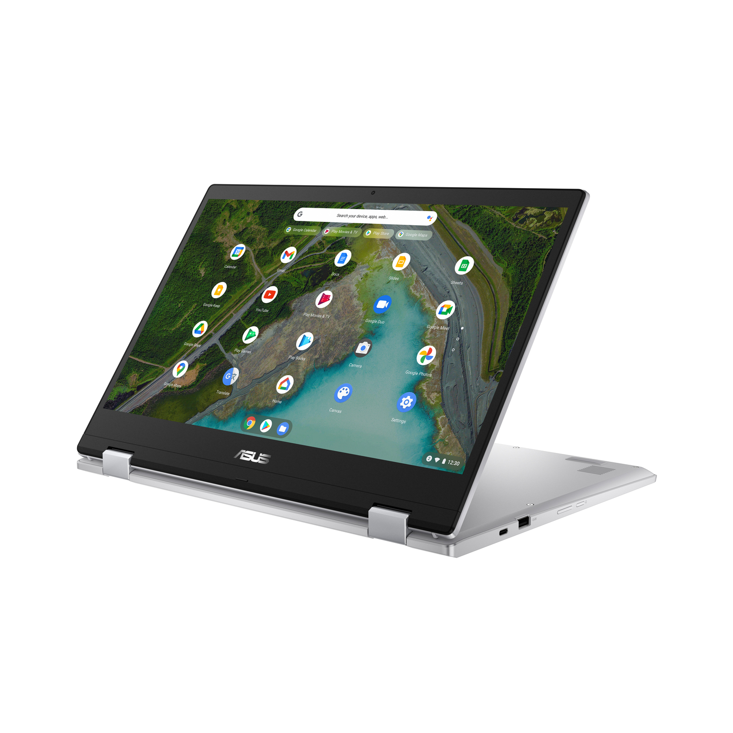 An open silver Asus laptop displaying a Chrome OS interface. The screen shows app icons and a landscape background.