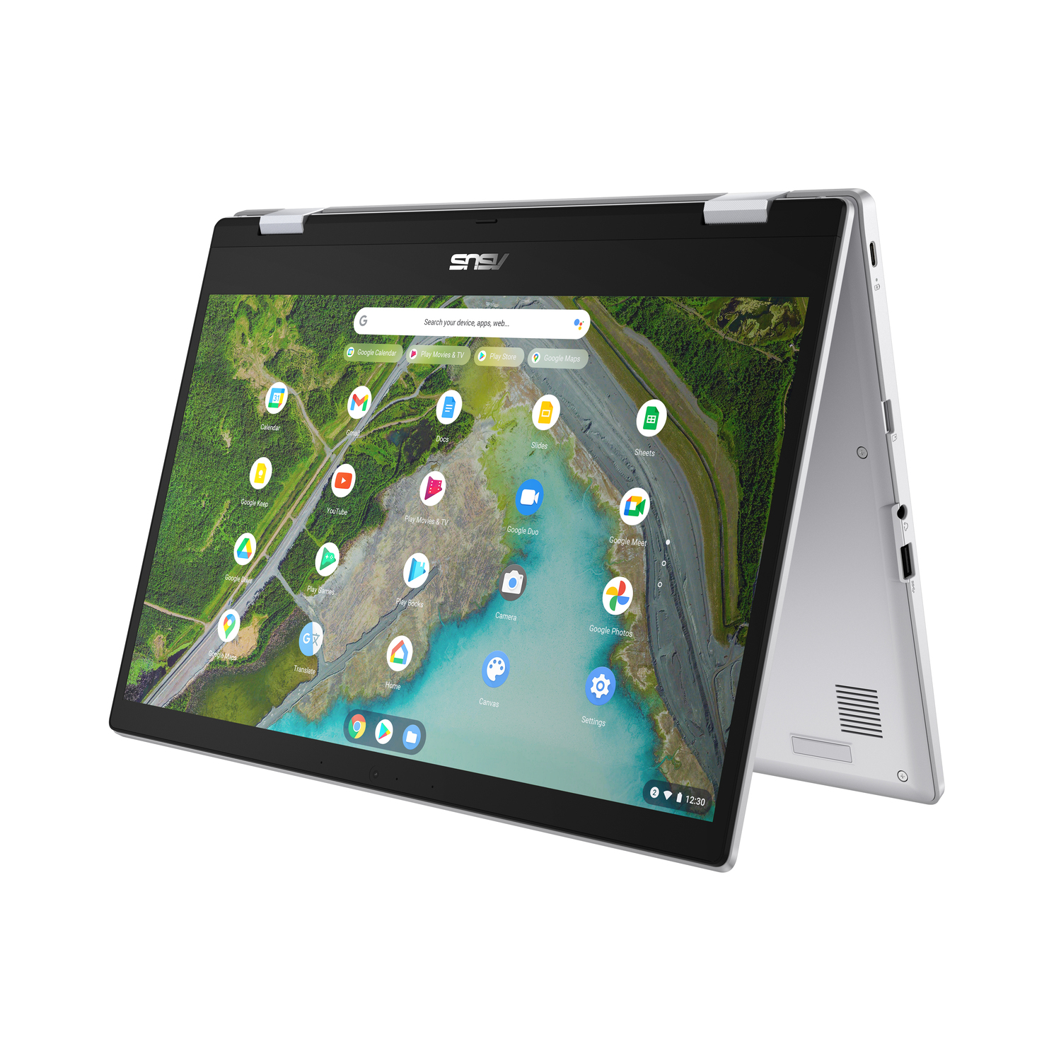 An Asus laptop in tablet mode, displaying the Chrome OS home screen with app icons. The screen shows a landscape wallpaper.