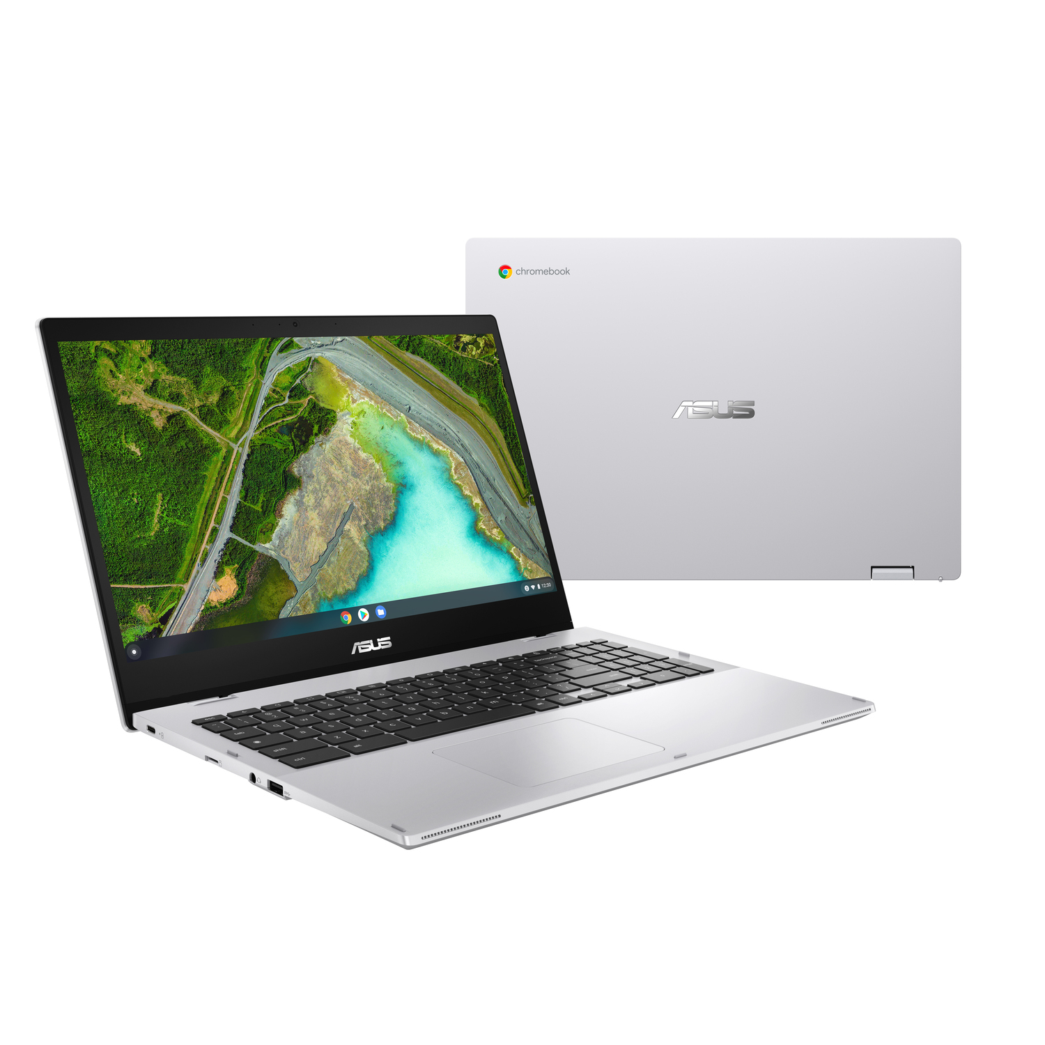 Silver Asus Chromebook laptop, open, displaying a landscape image. Another closed laptop is behind it.