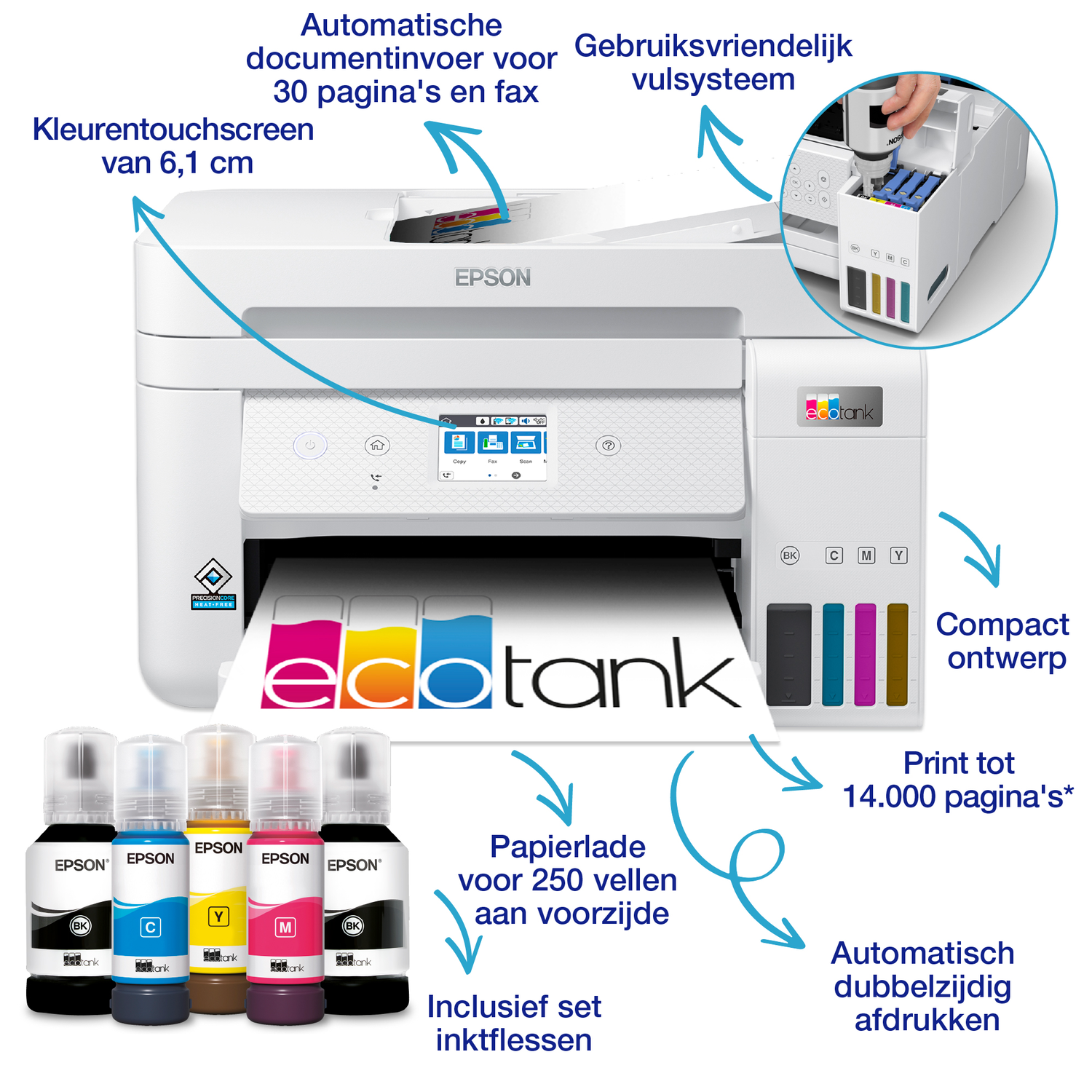 An Epson printer with ink bottles. It has a touchscreen, a document feeder, and a user-friendly filling system.