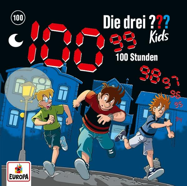 Drei Cartoon-Jungen rennen, eine große rote 100 und ein Mond. Text: Die drei ??? Kids, 100 Stunden, Europa-Logo.