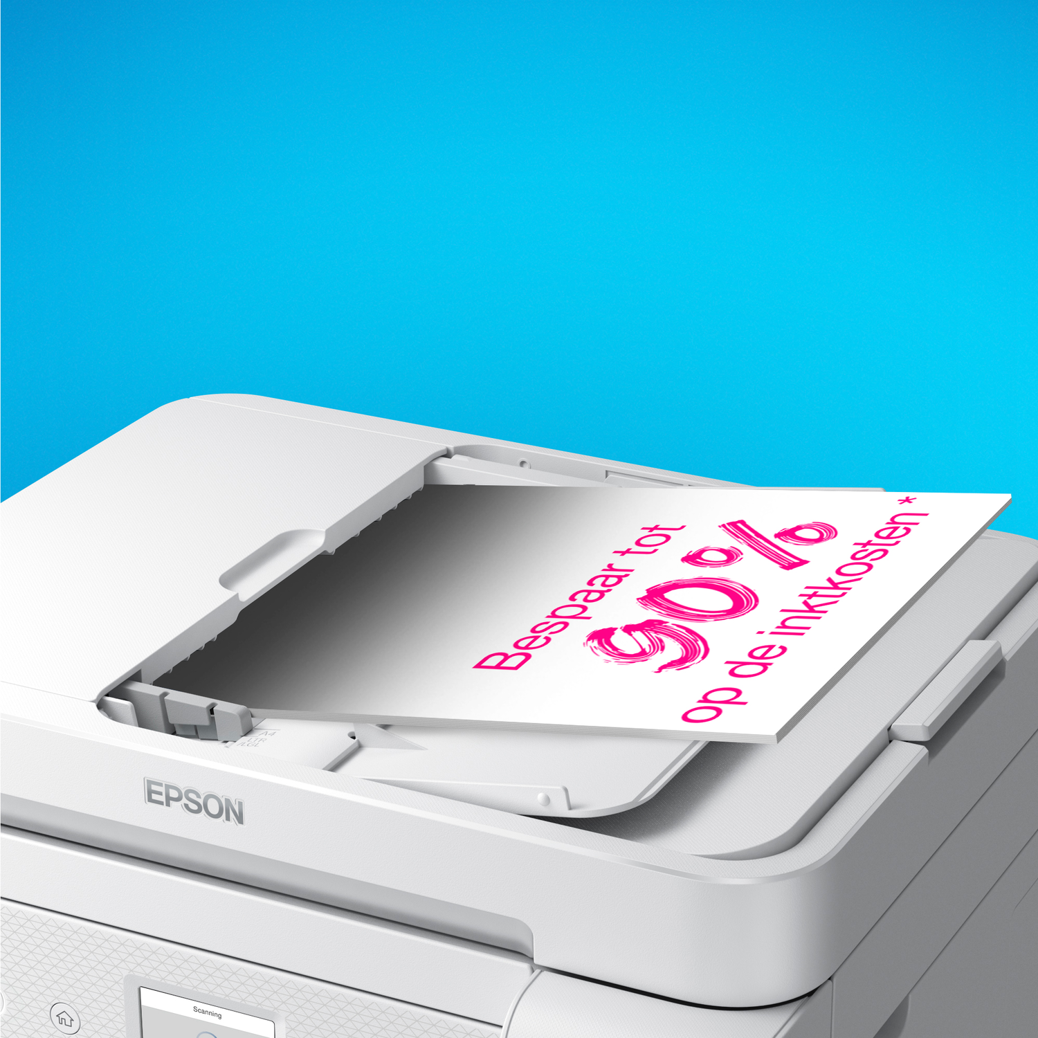 A white Epson printer with a paper showing 'Bespaar tot 90% op de inktkosten' in pink. Blue background.