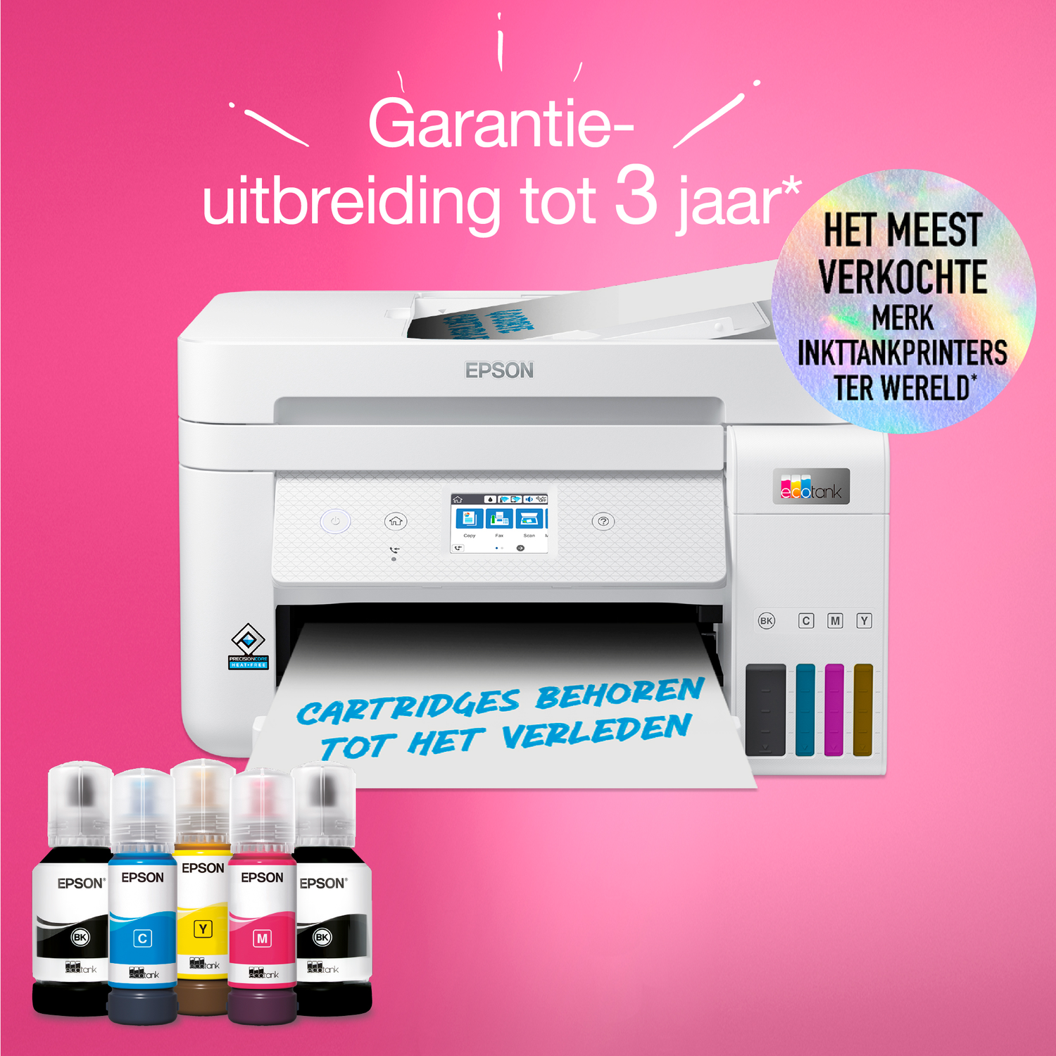 Epson printer with ink bottles. Text says 'Cartridges belong to the past'. Pink background with text and a logo.