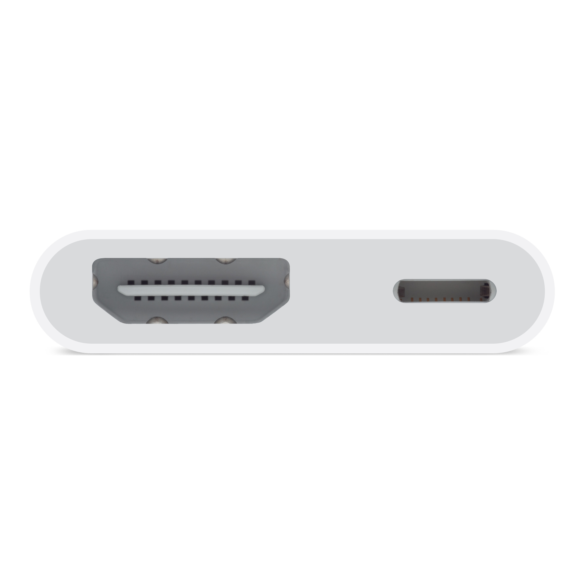 Ön tarafında HDMI ve USB-C portları bulunan beyaz bir adaptör.