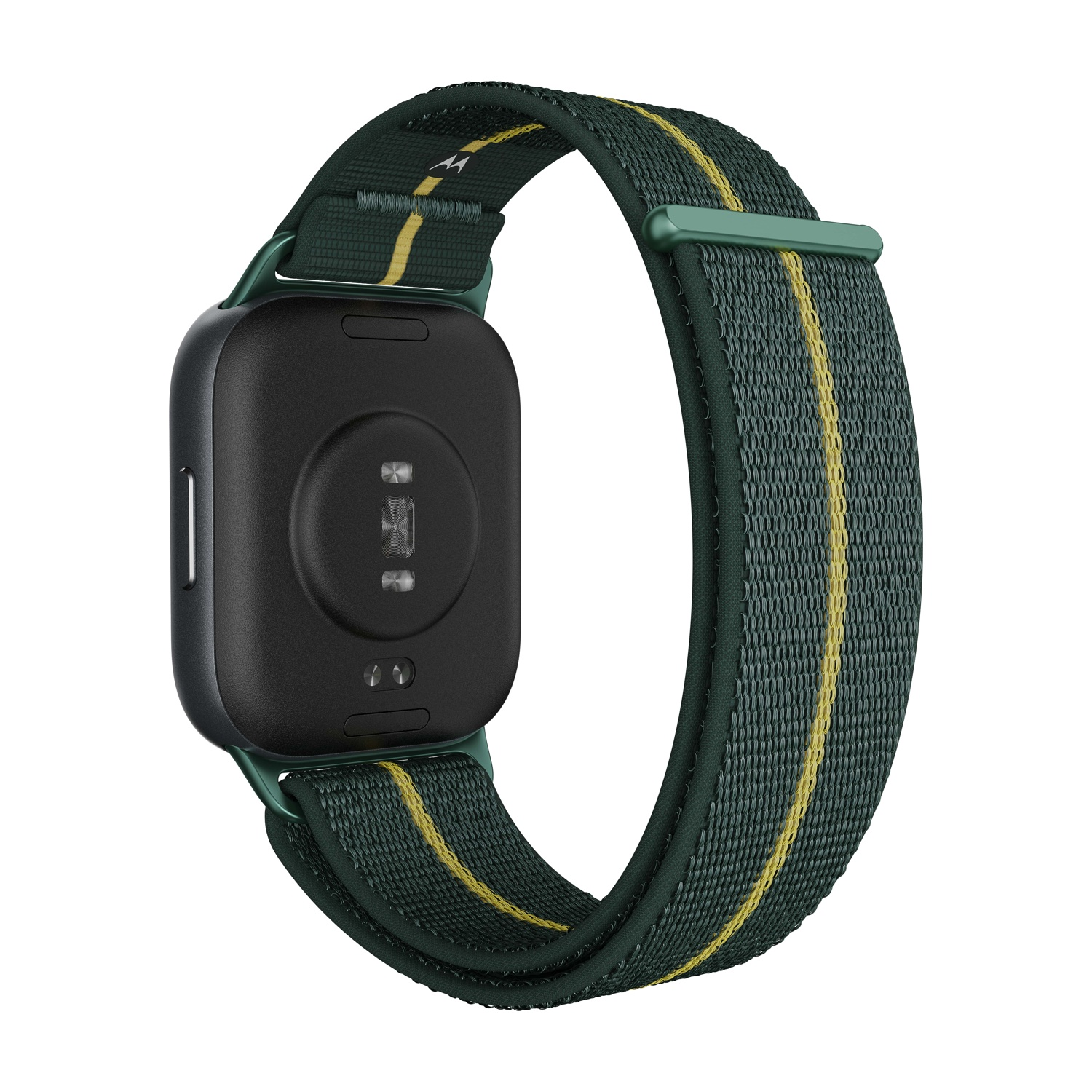Uno smartwatch con cinturino a righe verdi e gialle, quadrante nero e cornice verde. Sfondo bianco.