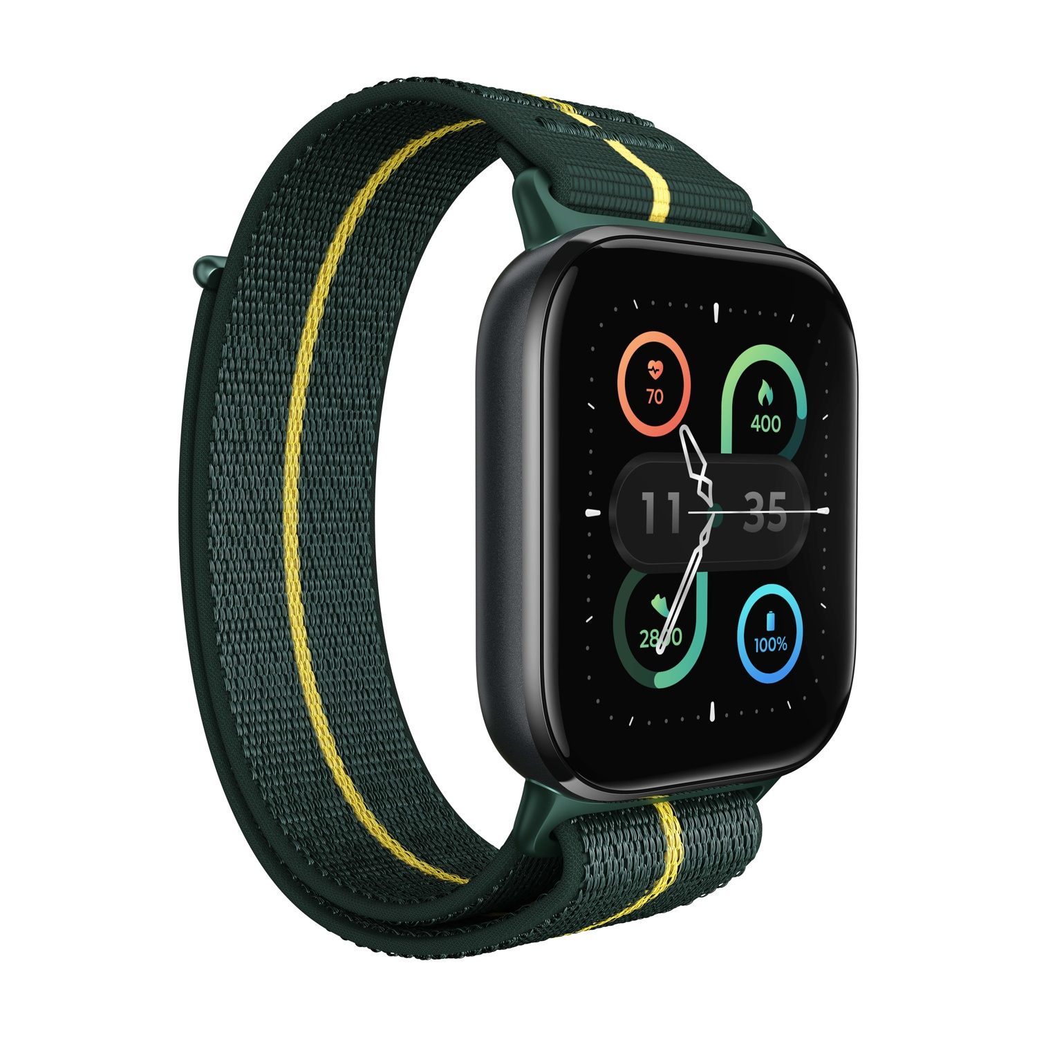 Smartwatch con cinturino verde e striscia gialla. Lo schermo mostra ora, frequenza cardiaca, passi e percentuale batteria.