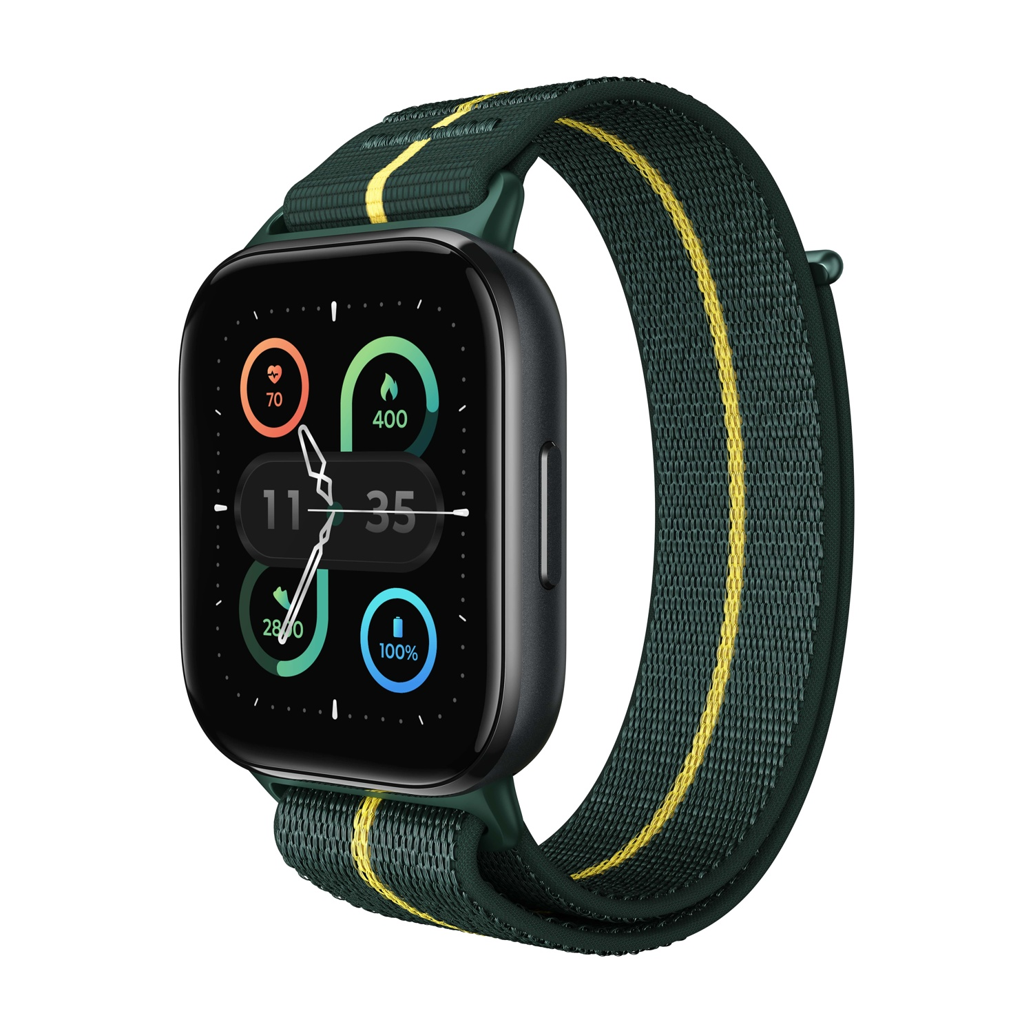Uno smartwatch con cinturino verde. Il quadrante mostra le metriche di salute e l'ora. Il cinturino ha strisce gialle.