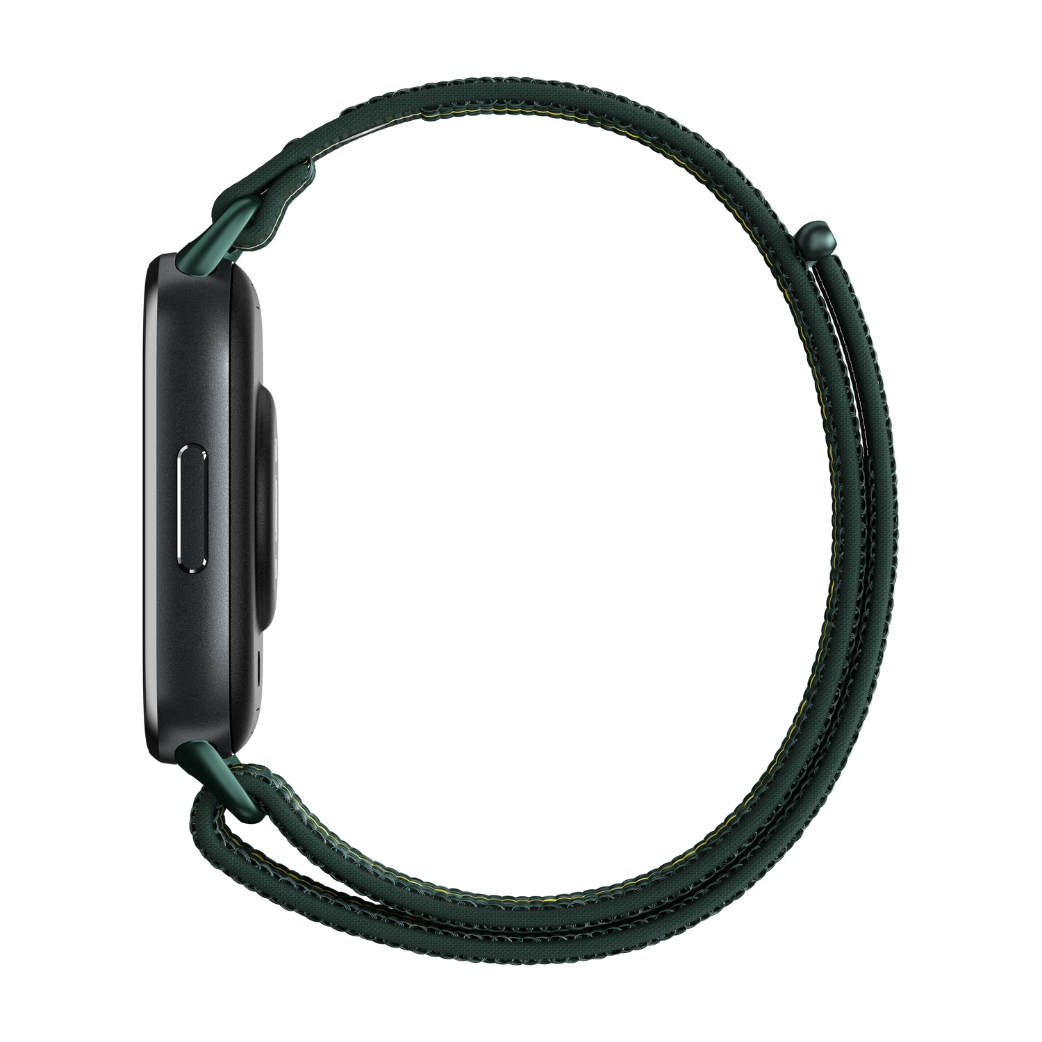 Vista laterale di uno smartwatch con schermo scuro e cinturino verde che si avvolge. Su sfondo bianco.