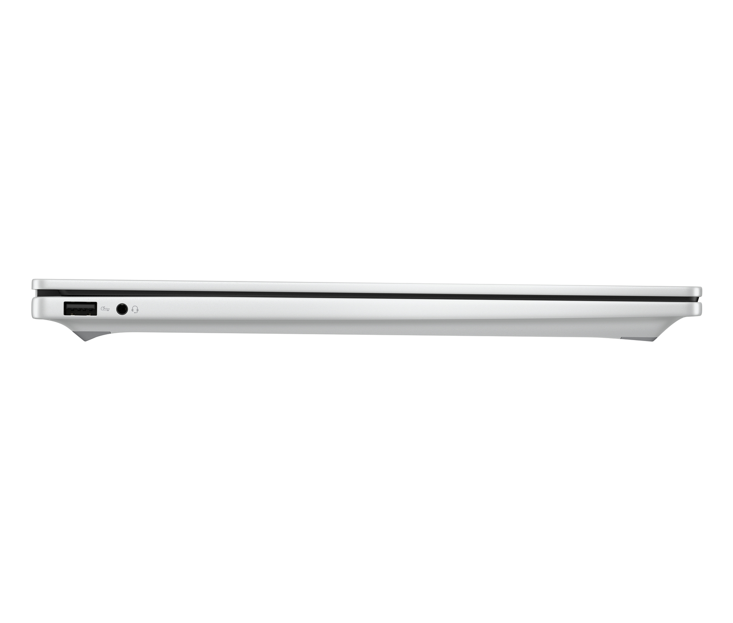 Vista lateral de un portátil plateado. Son visibles puertos, incluyendo USB y conector para auriculares. El portátil está sobre un fondo blanco.
