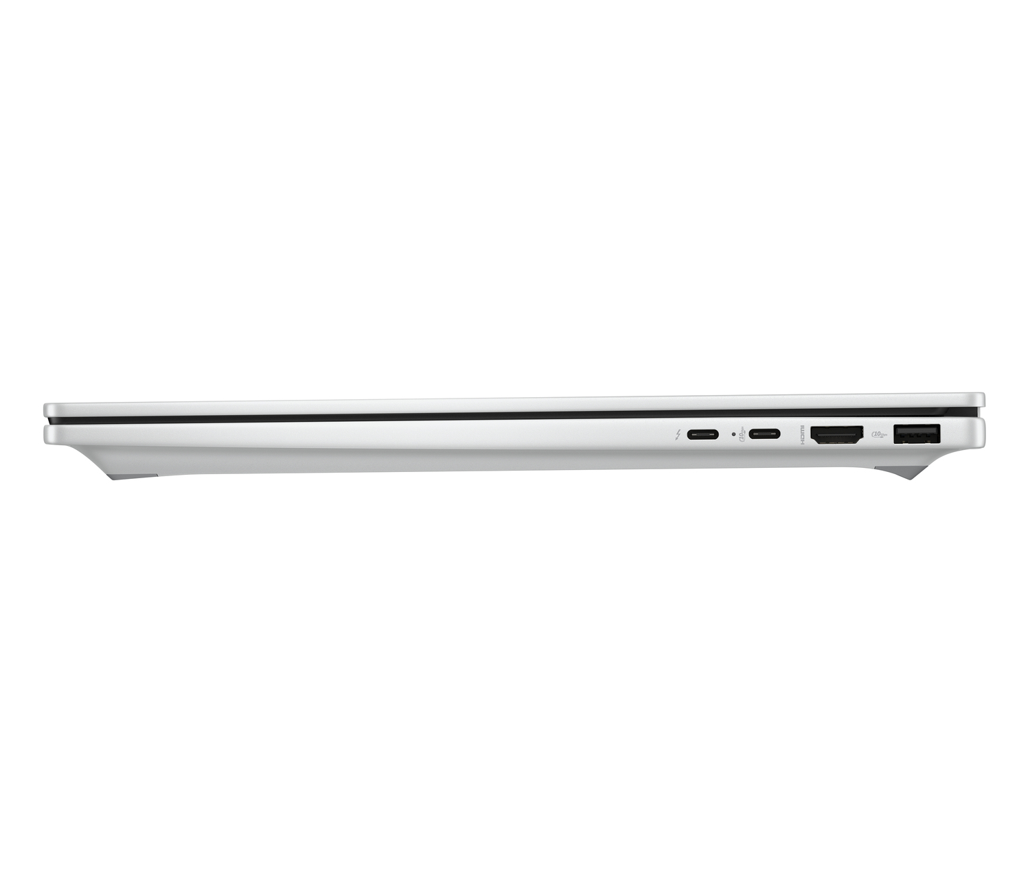 Vista lateral de un portátil plateado. Los puertos incluyen USB, HDMI y carga. El portátil está sobre un fondo blanco.