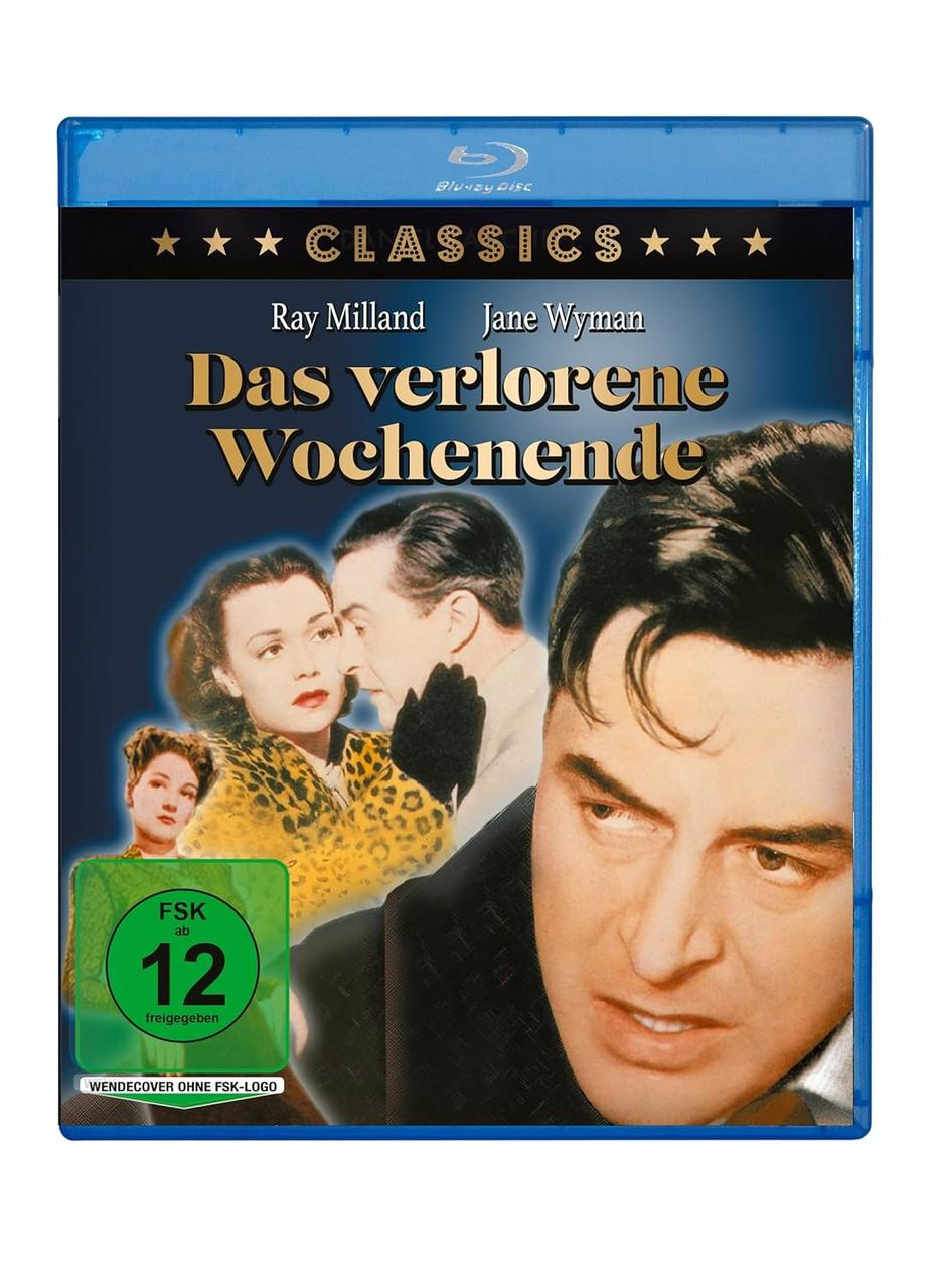 Blu-ray-Disc-Cover. Titel: Das verlorene Wochenende. Mit Ray Milland und Jane Wyman. FSK 12, mit Gesichtern der Schauspieler.