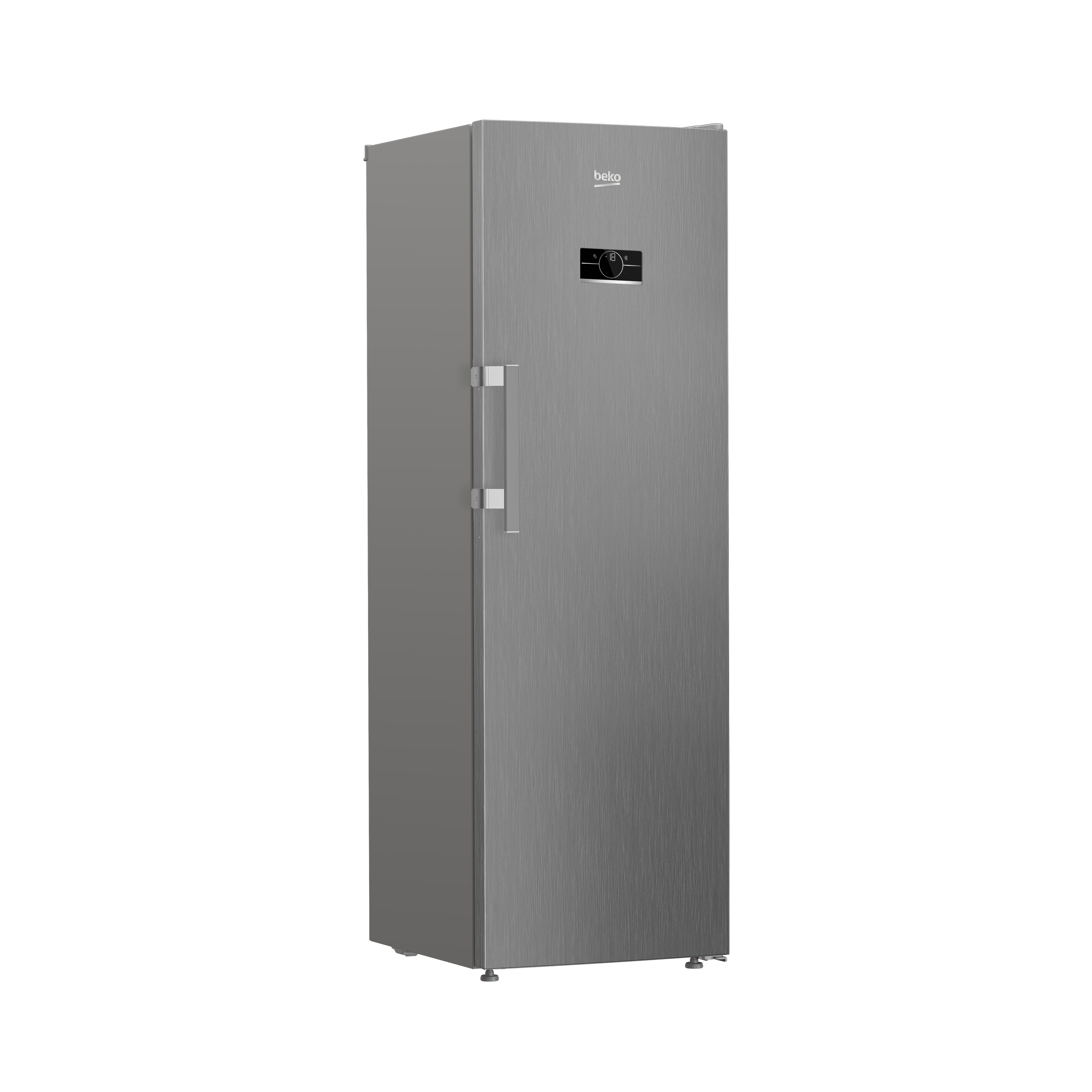 Ein grauer Beko-Kühlschrank steht aufrecht. Er hat einen Griff, das Markenlogo und eine Digitalanzeige.