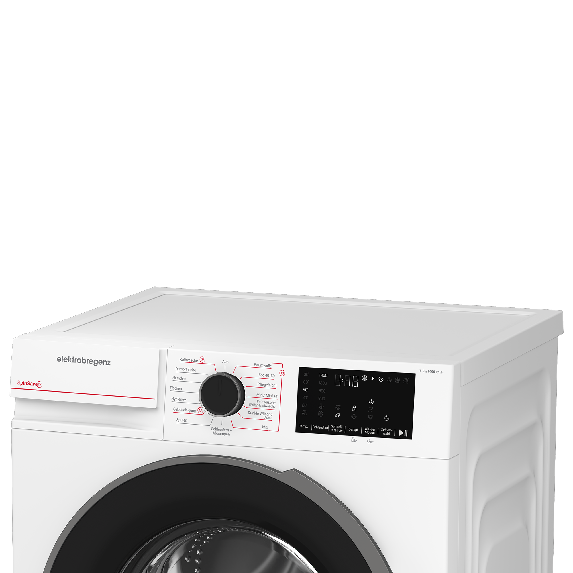 Eine weiße Waschmaschine mit schwarzer Tür und Bedienfeld. Sie hat einen Drehregler und ein digitales Display.