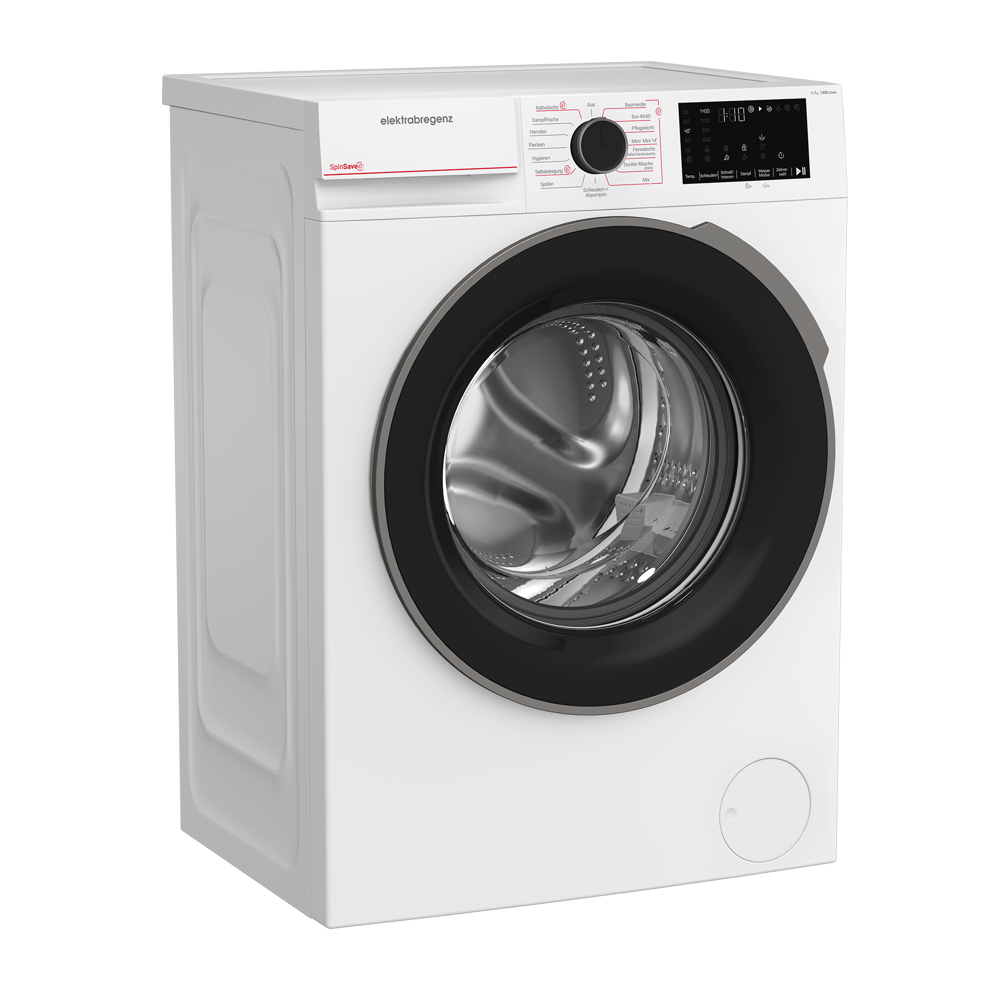 Weiße Waschmaschine. Schwarzer Türrahmen. Bedienfeld mit Display. Markenname 'elektrobregenz' sichtbar.