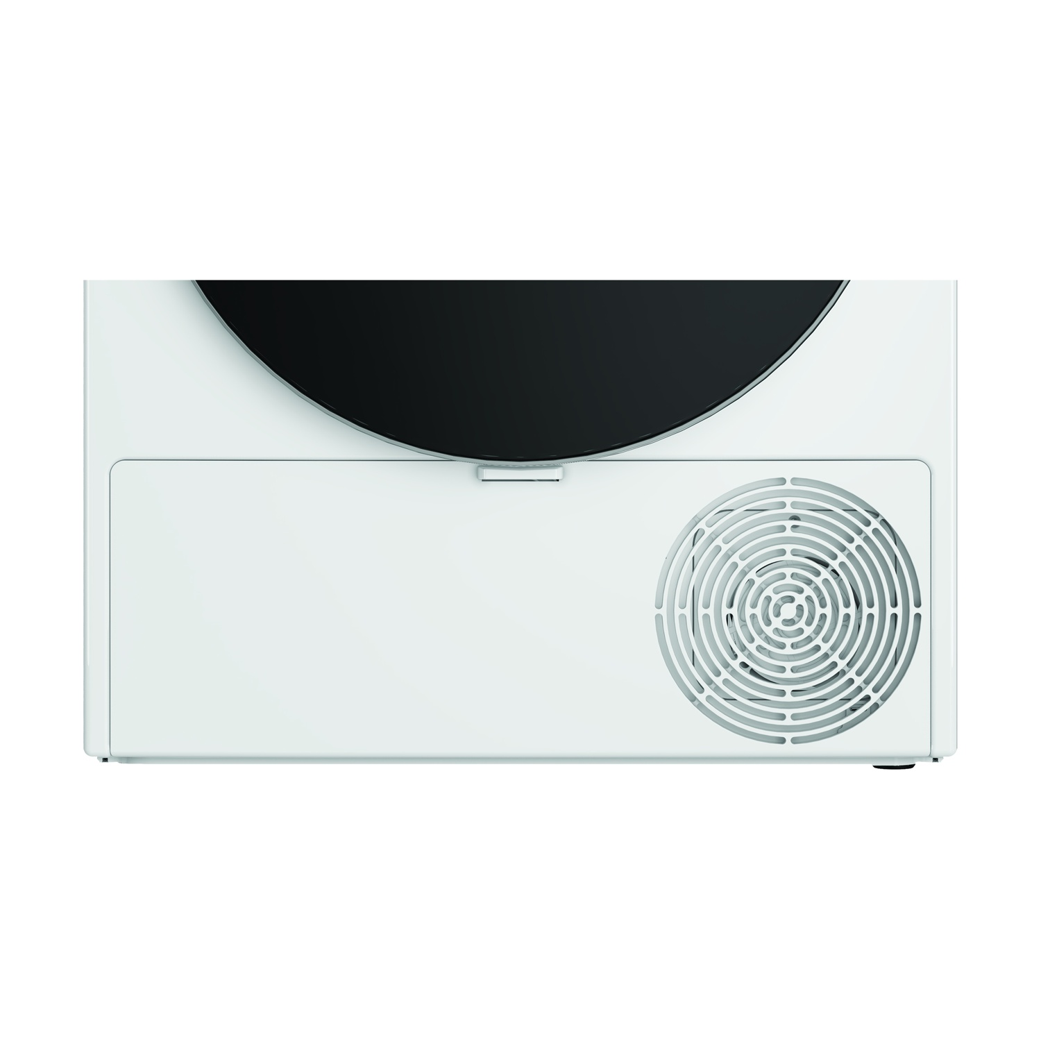 Elettrodomestico bianco con parte superiore nera, pannello rettangolare bianco e ventola circolare.