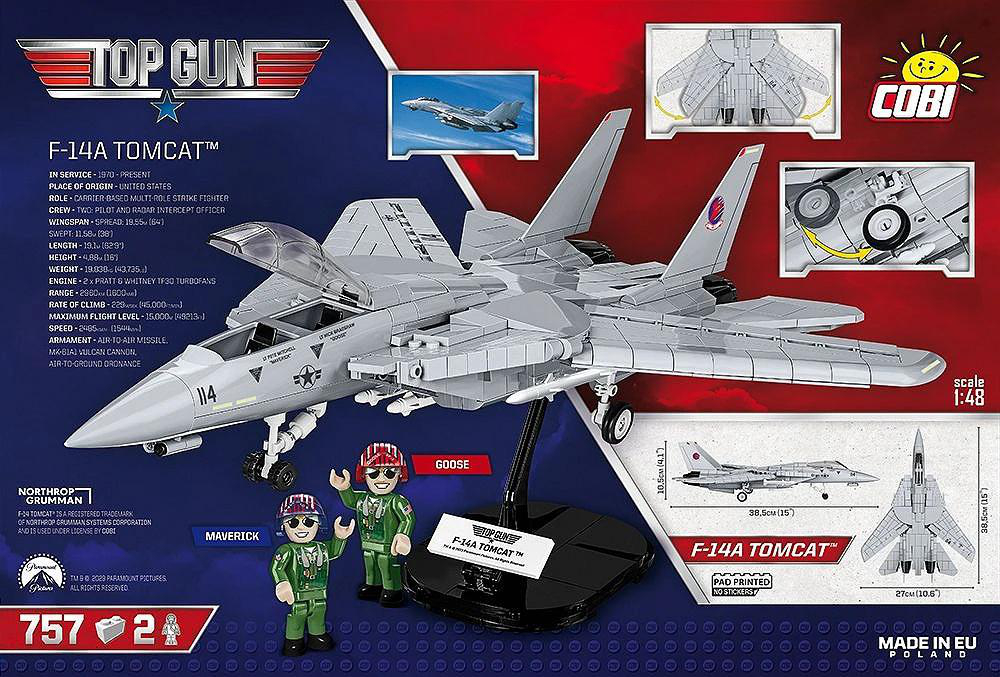 Ein graues F-14A Tomcat Modellbausatz mit Maverick- und Goose-Figuren. Enthält Spezifikationen, Diagramme und das Top Gun Logo.