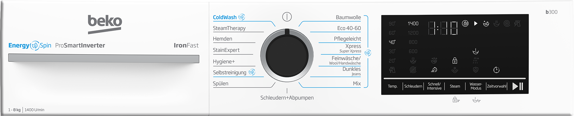 Ein weißes Waschmaschinen-Bedienfeld mit einem Drehregler für Programme, einer Digitalanzeige und Touch-Tasten.