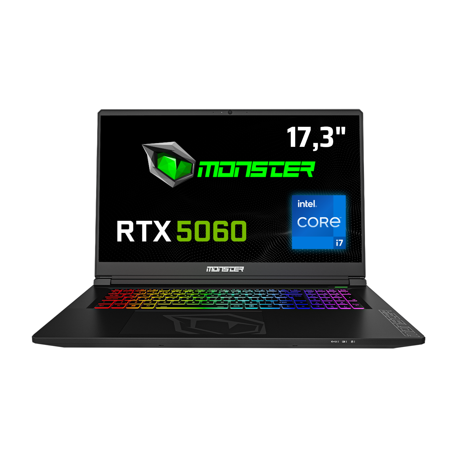 17,3" ekranlı siyah Monster dizüstü bilgisayar. RTX 5060, Intel Core i7 özelliklerine sahip. Klavye renkli ışıklara sahip.