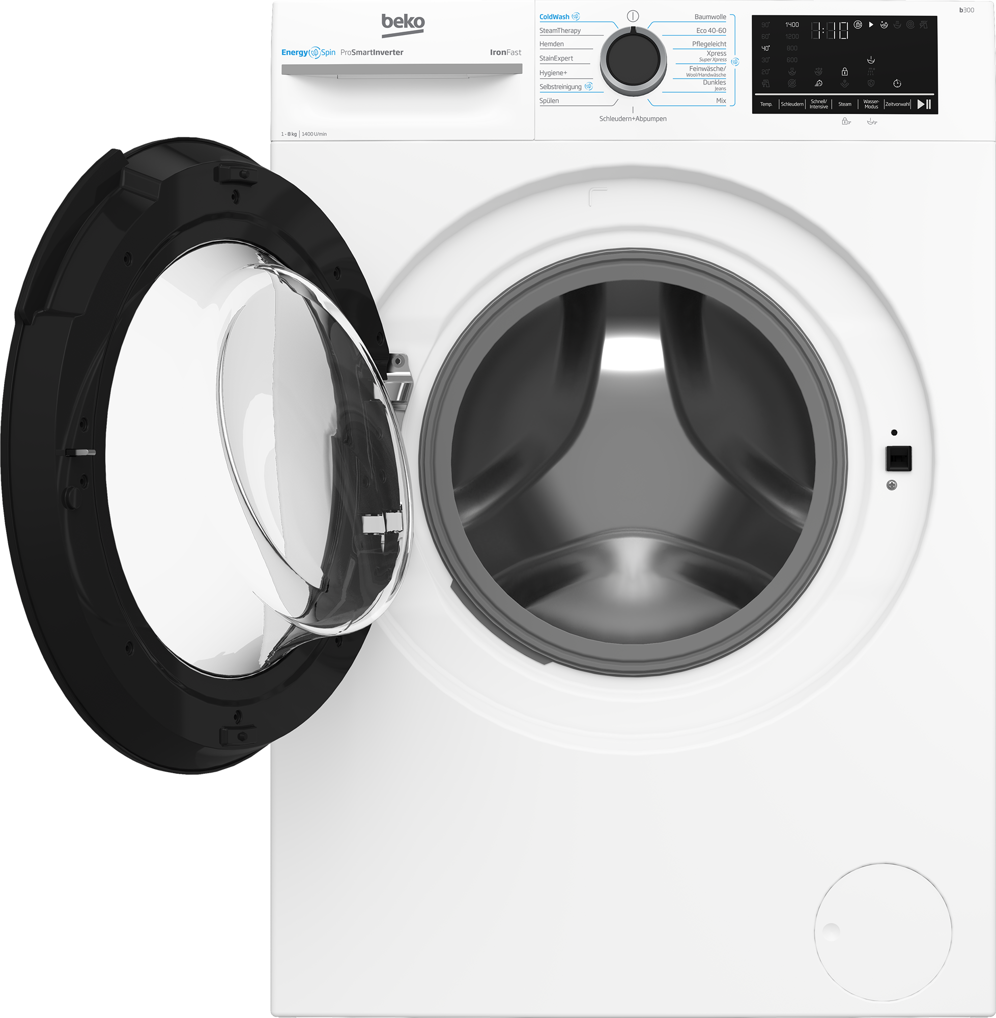 Eine weiße Beko-Waschmaschine mit geöffneter Tür, die die Trommel zeigt. Merkmale sind Knöpfe, ein Display und ein Bedienfeld.