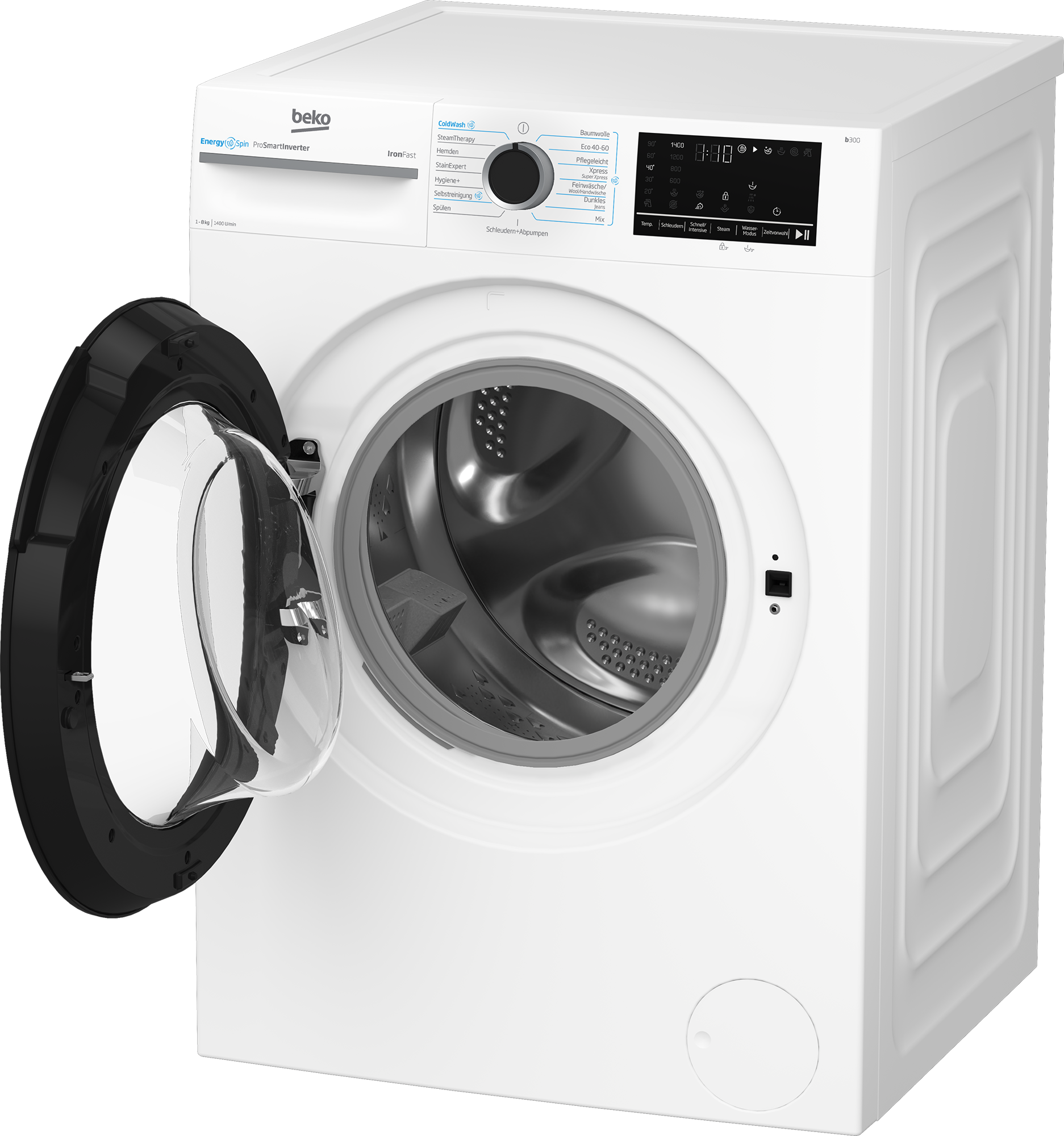 Weiße Beko Waschmaschine mit offener Tür. Sie hat ein Bedienfeld und ein Digitaldisplay. Die Tür ist schwarz.
