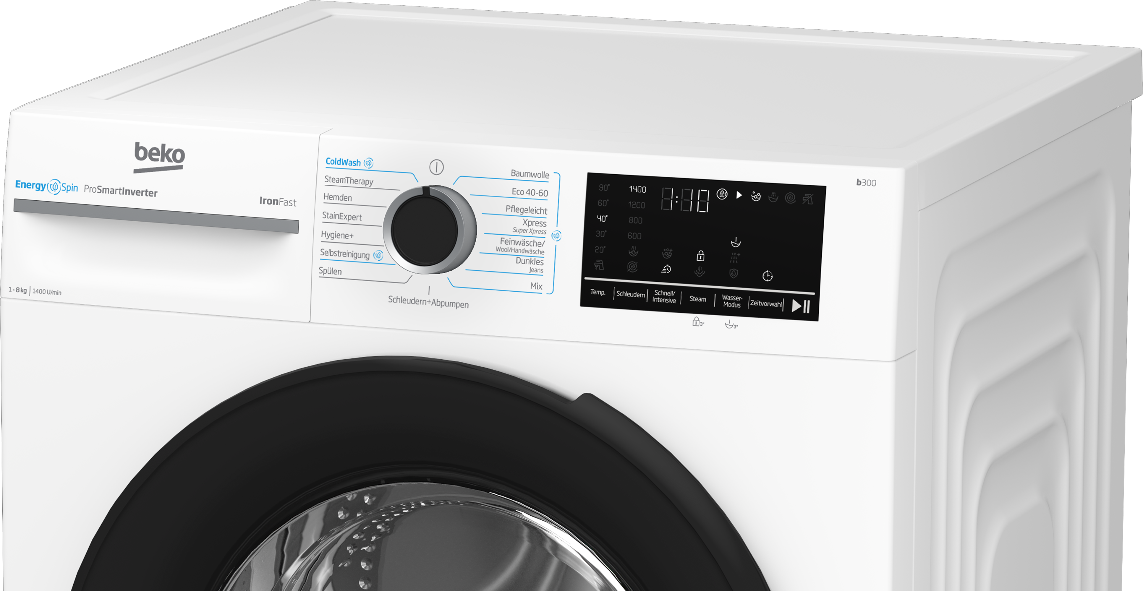 Eine weiße Beko-Waschmaschine. Hat eine schwarze Tür. Bedienfeld mit Knöpfen und Display.