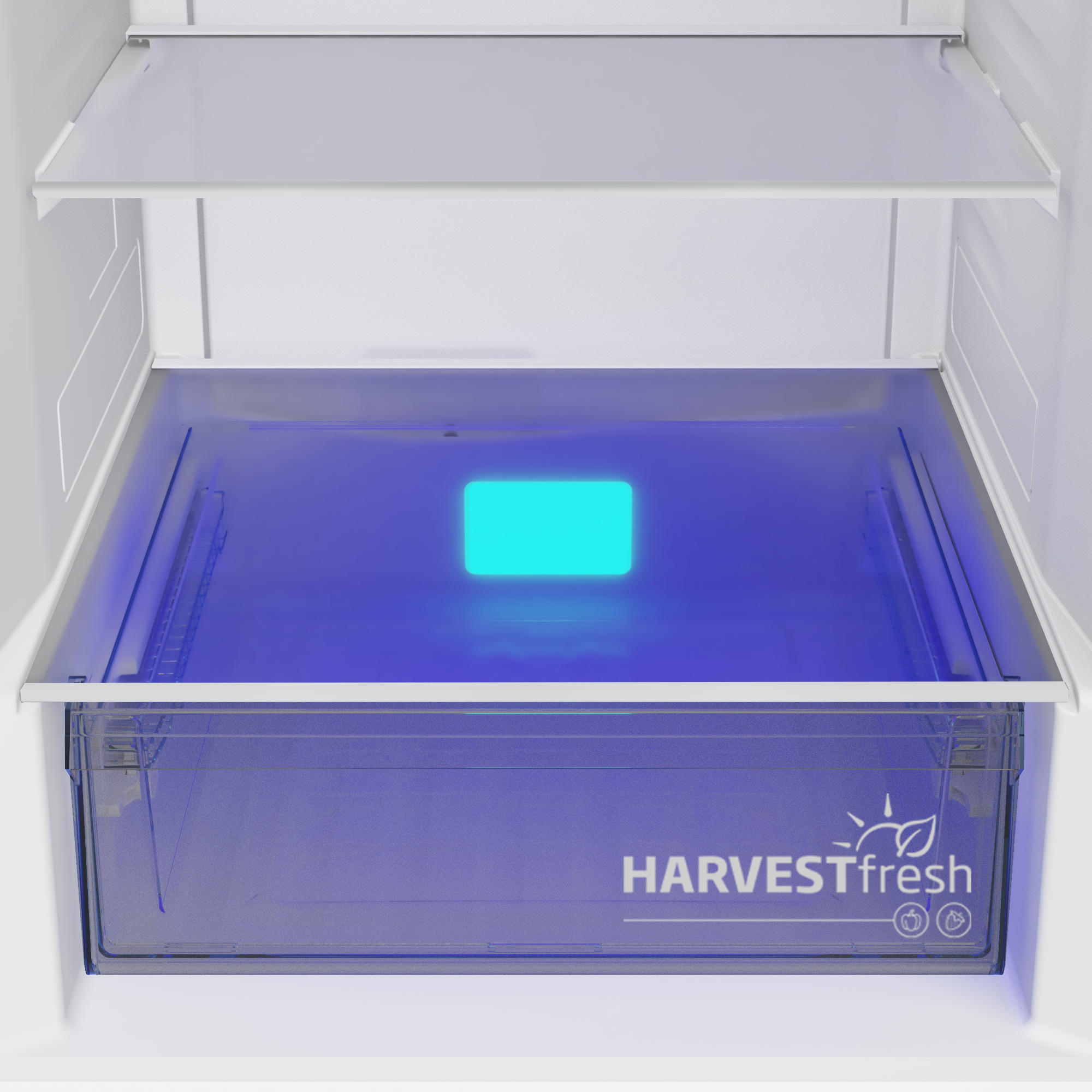 Im Inneren eines Kühlschranks. Eine Schublade mit blauem Licht, beschriftet mit 'HARVESTfresh'. Über der Schublade befindet sich ein Regal.
