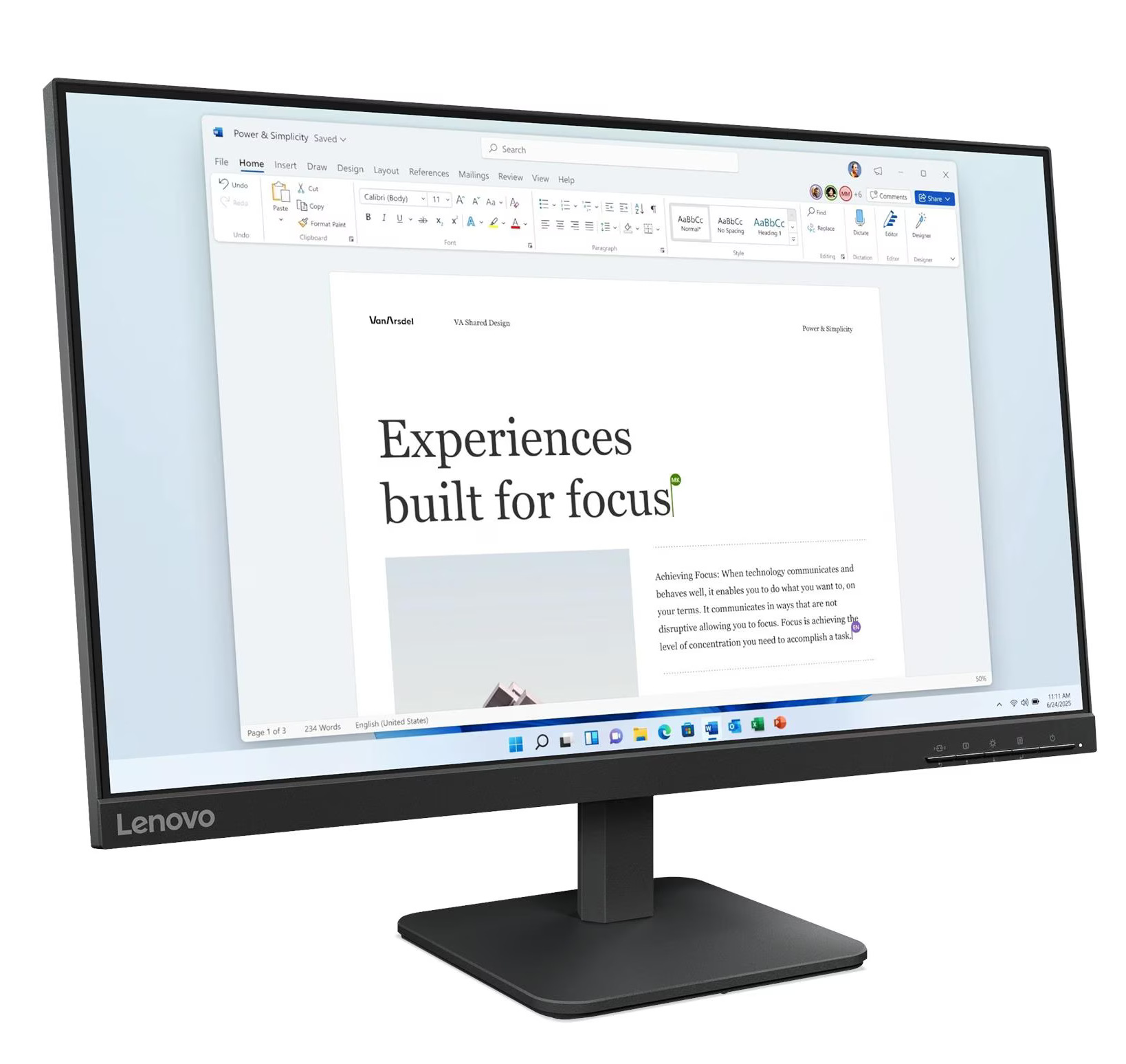 Monitor Lenovo wyświetlający dokument Word zatytułowany 'Experiences built for focus'. Ekran pokazuje również pasek zadań systemu Windows.