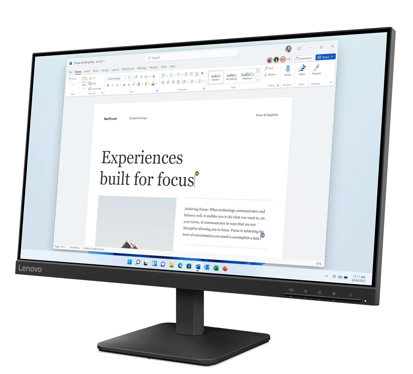 Monitor Lenovo wyświetla dokument z tekstem o skupieniu. Ekran pokazuje interfejs Microsoft Word.