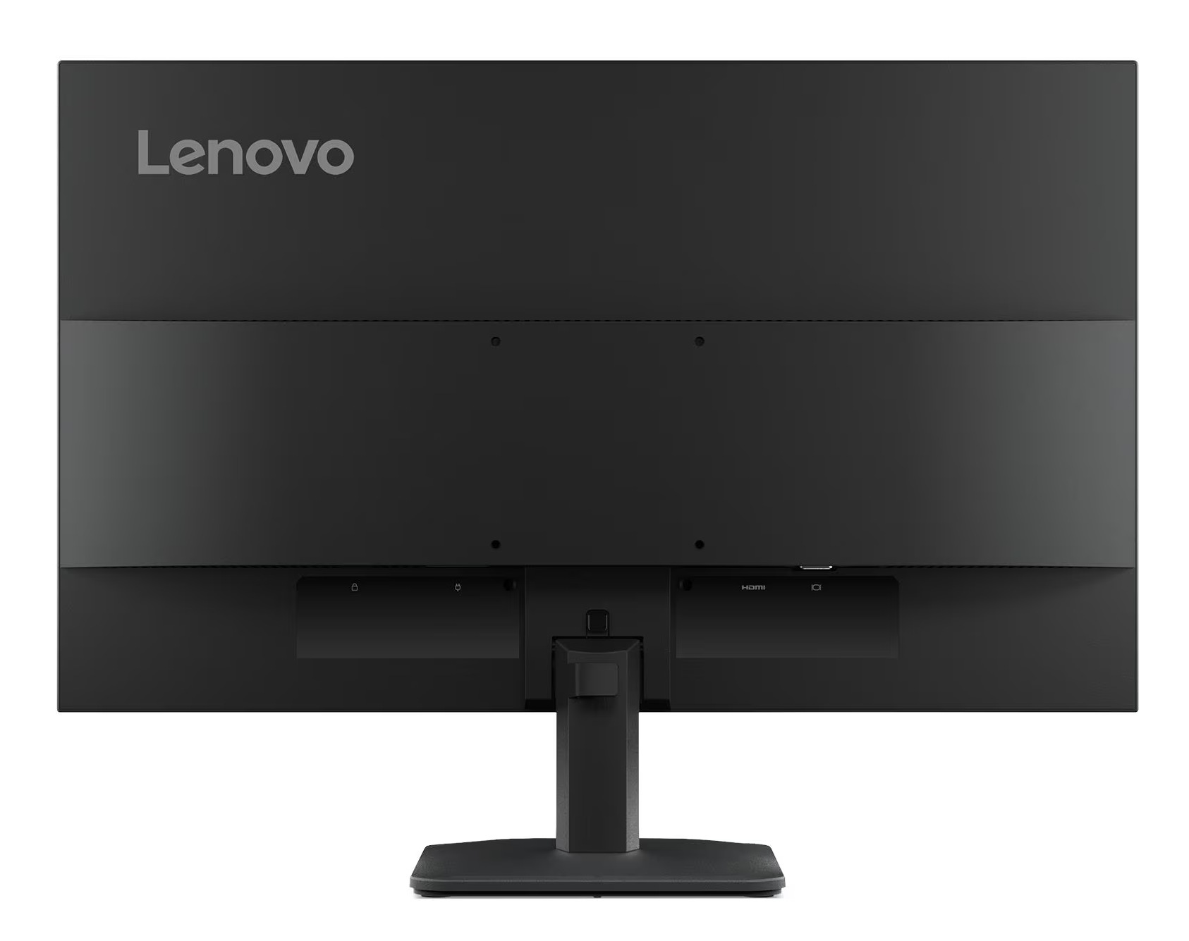 Pokazano tył czarnego monitora Lenovo. Ma podstawę, port HDMI i logo Lenovo.