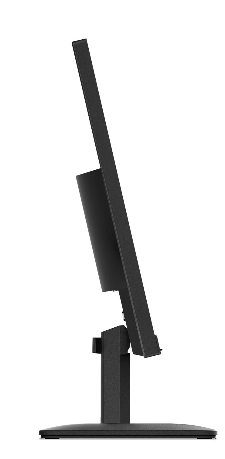 Czarny monitor komputera, widziany z boku, jest lekko pochylony. Jest zamontowany na czarnym stojaku z okrągłą podstawą.